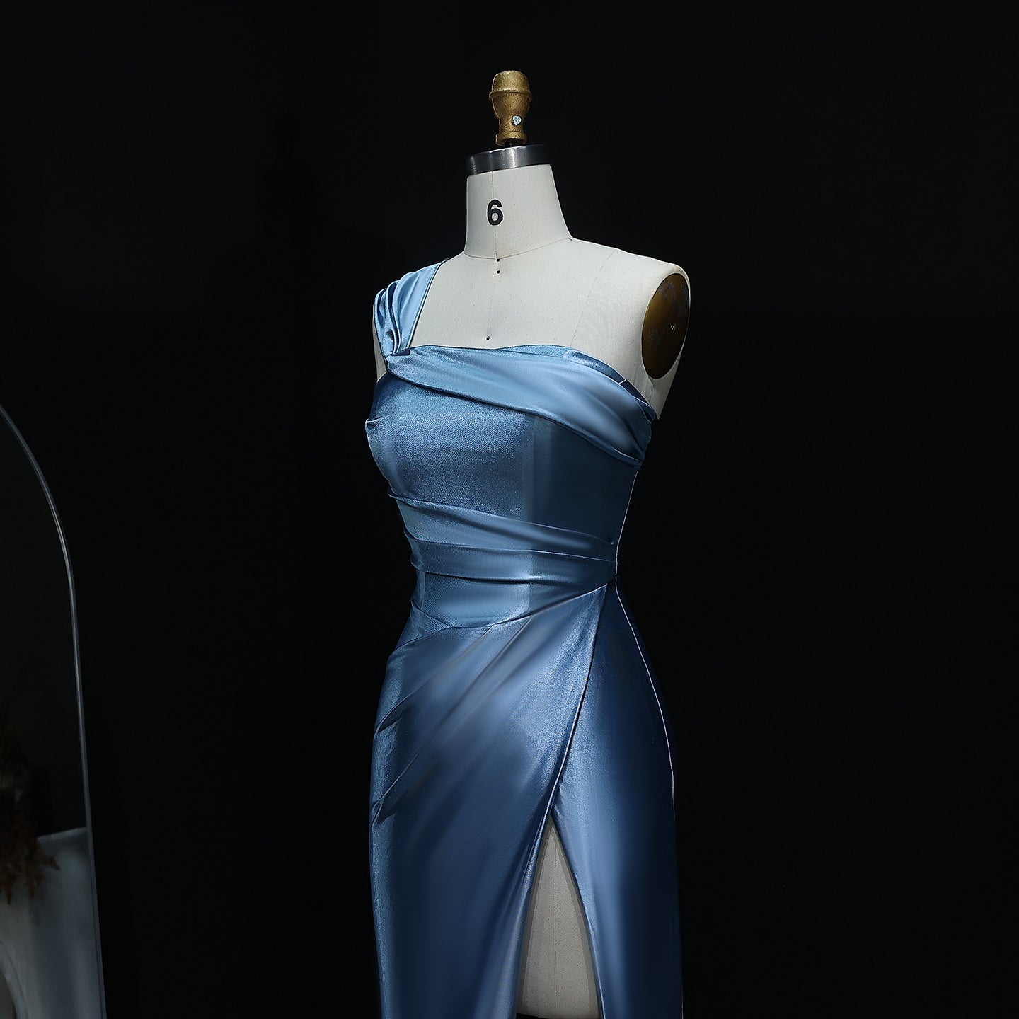 Stunning One-Shoulder Satin Blue Mermaid Prom Dresses with Side Slit