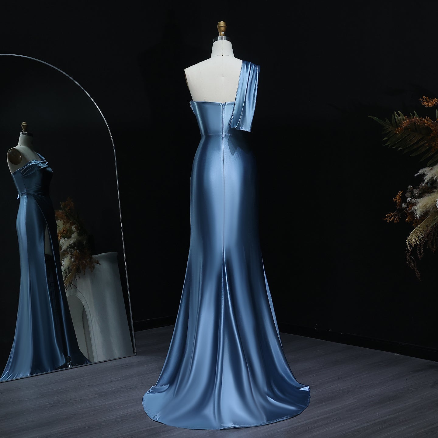 Stunning One-Shoulder Satin Blue Mermaid Prom Dresses with Side Slit
