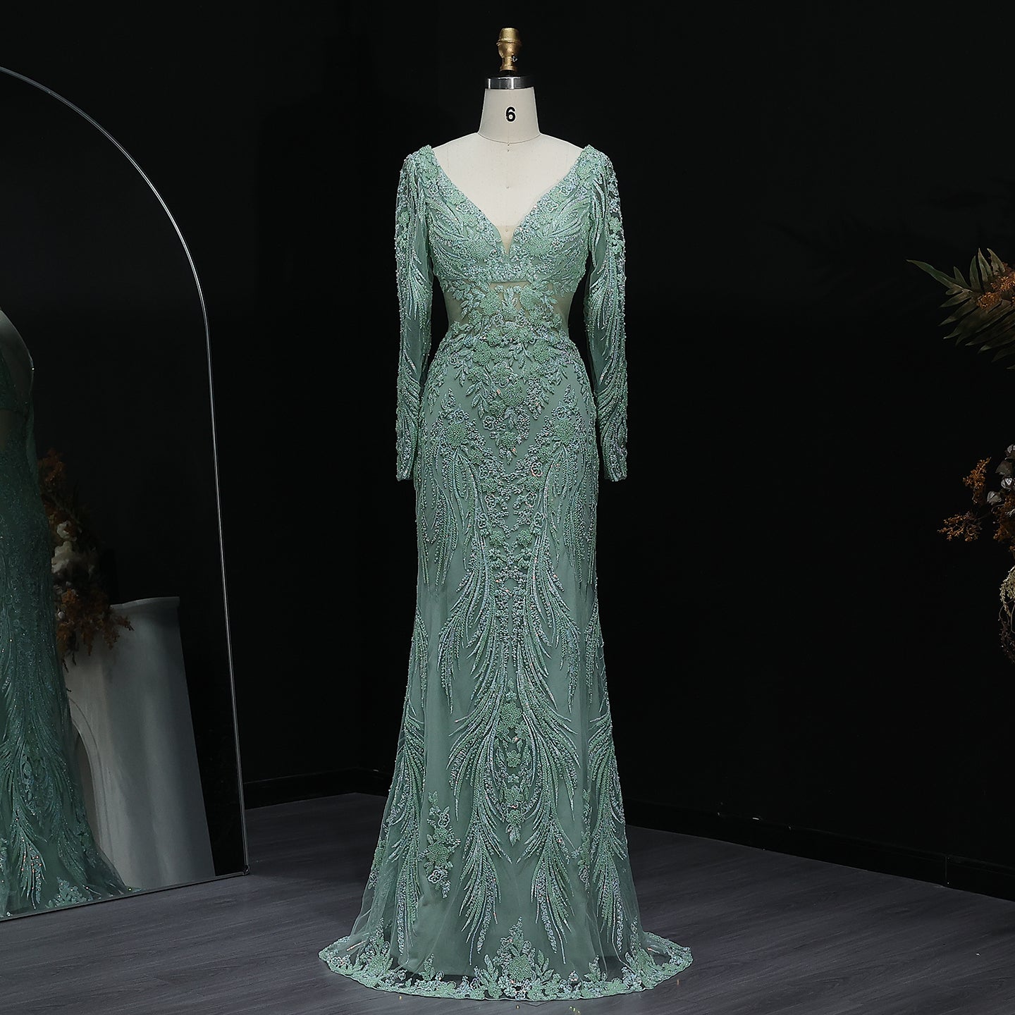 Elegant V-Neck Sage Green Embroidered Mermaid Prom Dresses for Women Wedding Party Evening Gowns