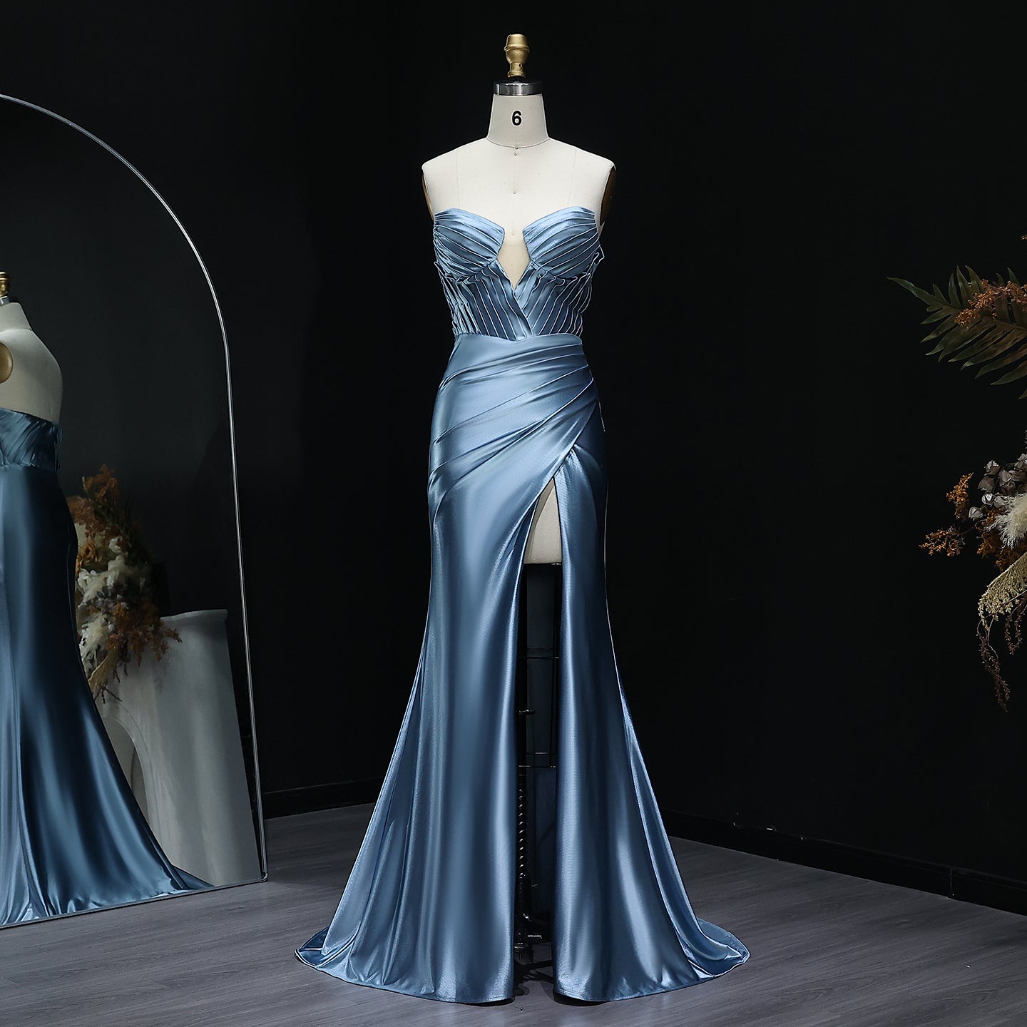 Stunning Blue Satin Evening Gown with Side Slit Long Mermaid Prom Dresses