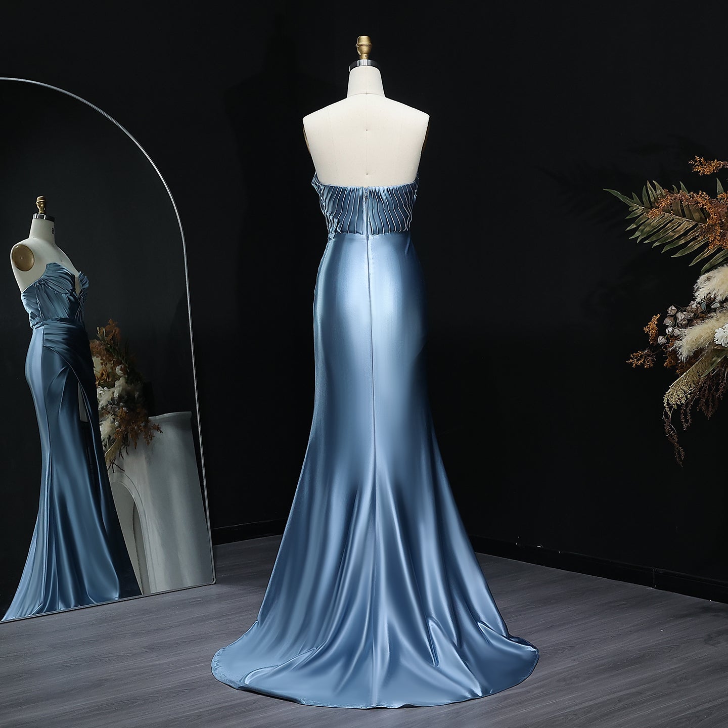 Stunning Blue Satin Evening Gown with Side Slit Long Mermaid Prom Dresses