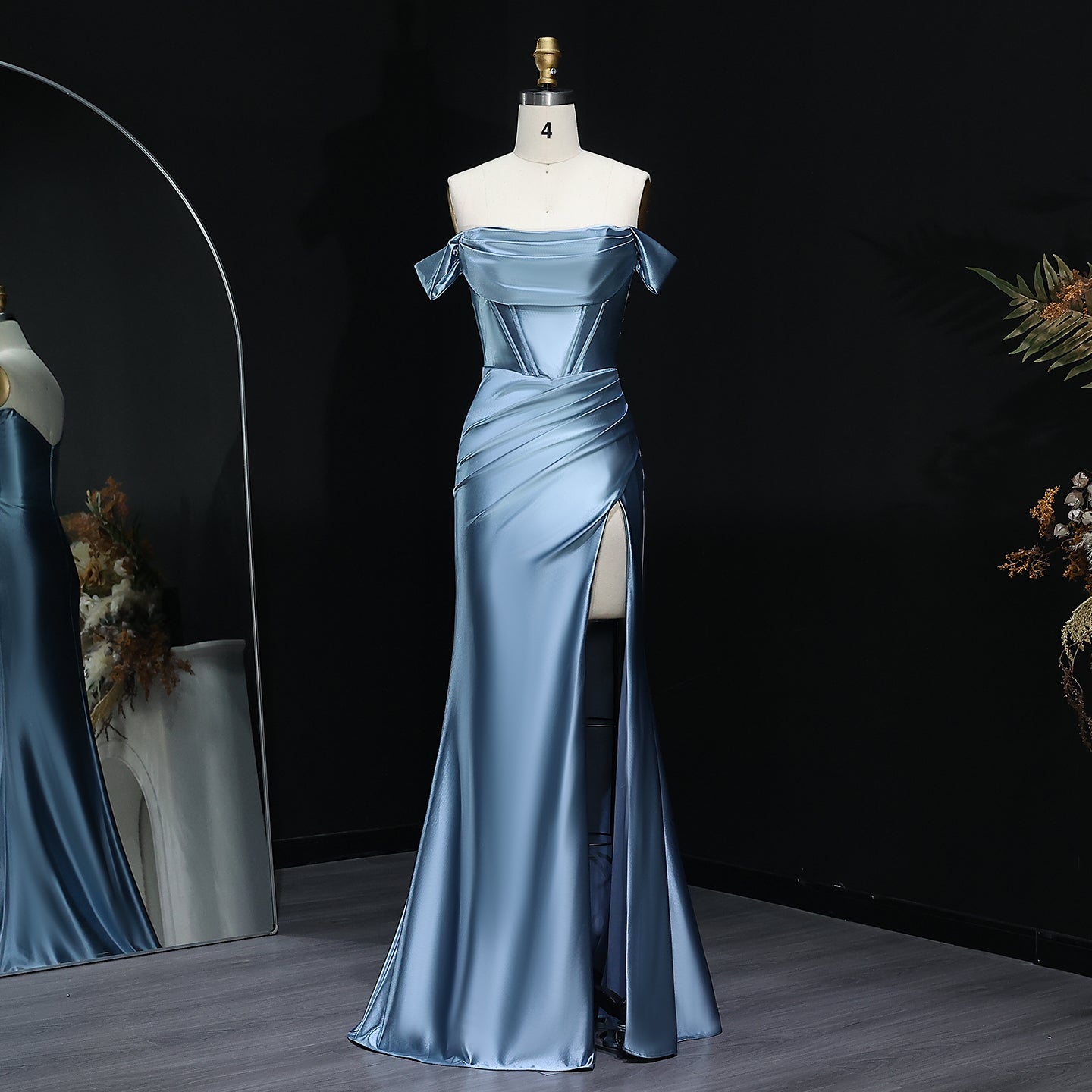Chic Off-Shoulder Satin Sky Blue Prom Dress with Slit Women Special Occasion Evening Party Gowns
