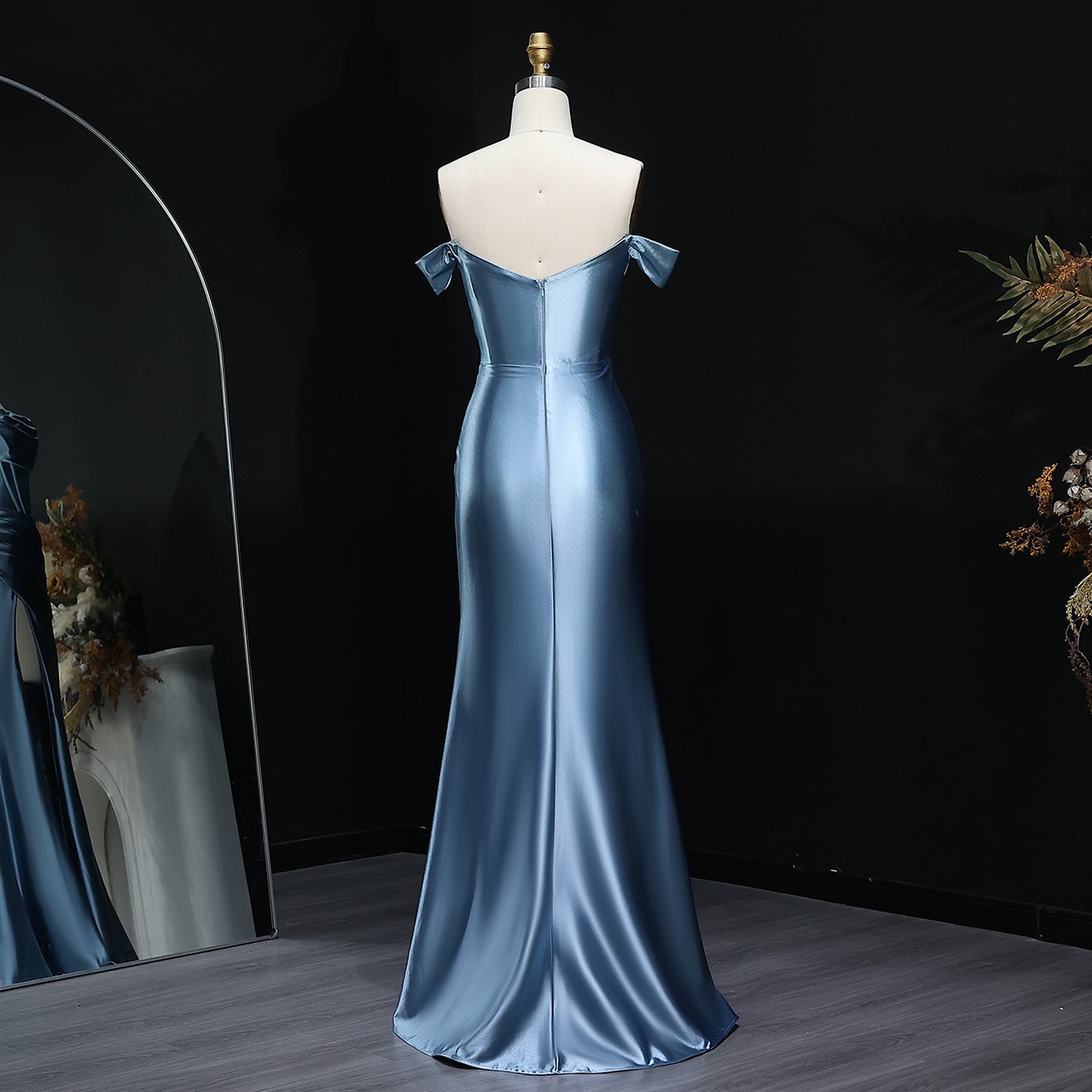 Chic Off-Shoulder Satin Sky Blue Prom Dress with Slit Women Special Occasion Evening Party Gowns