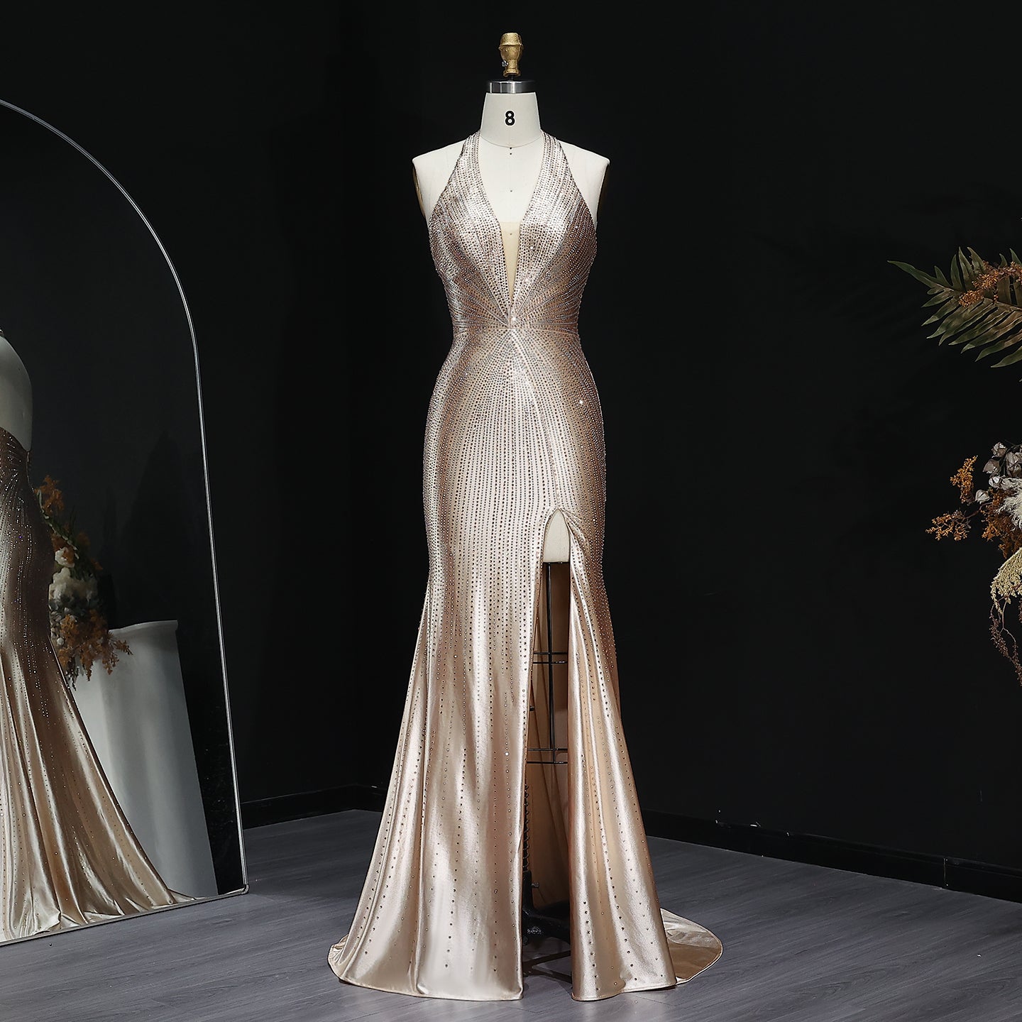 Sparkly Crystal Gold Halter Mermaid Prom Dresses with Slit Open Back Long Women Party Evening Gowns