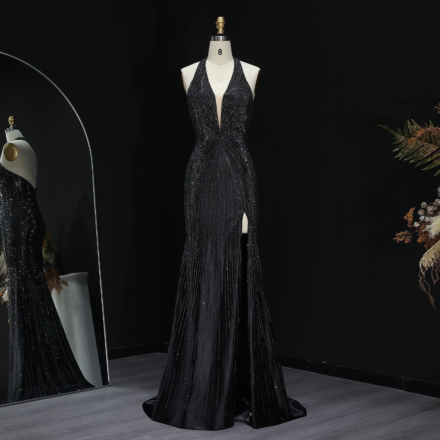 Sparkly Crystal Gold Halter Mermaid Prom Dresses with Slit Open Back Long Women Party Evening Gowns