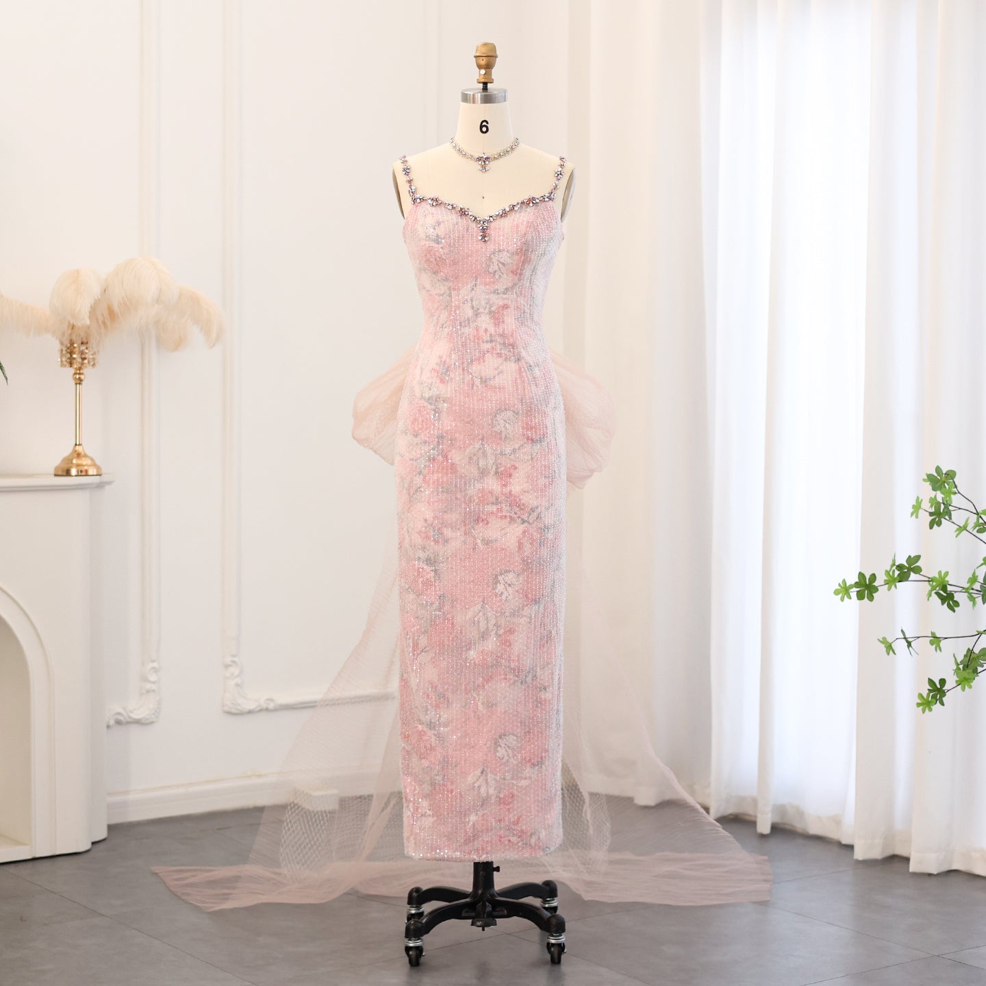 Elegant Crystal Pink Spaghetti Evening Dress with Necklace SS716