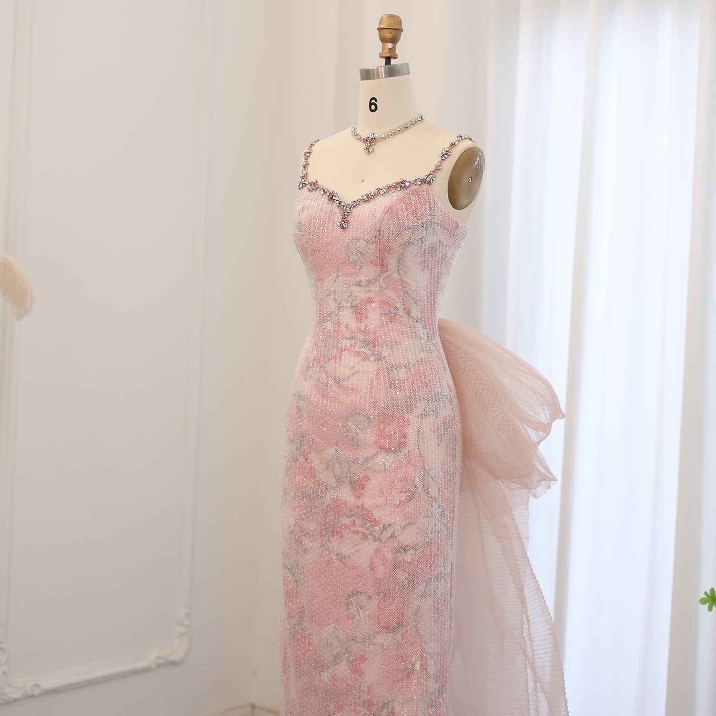 Elegant Crystal Pink Spaghetti Evening Dress with Necklace SS716