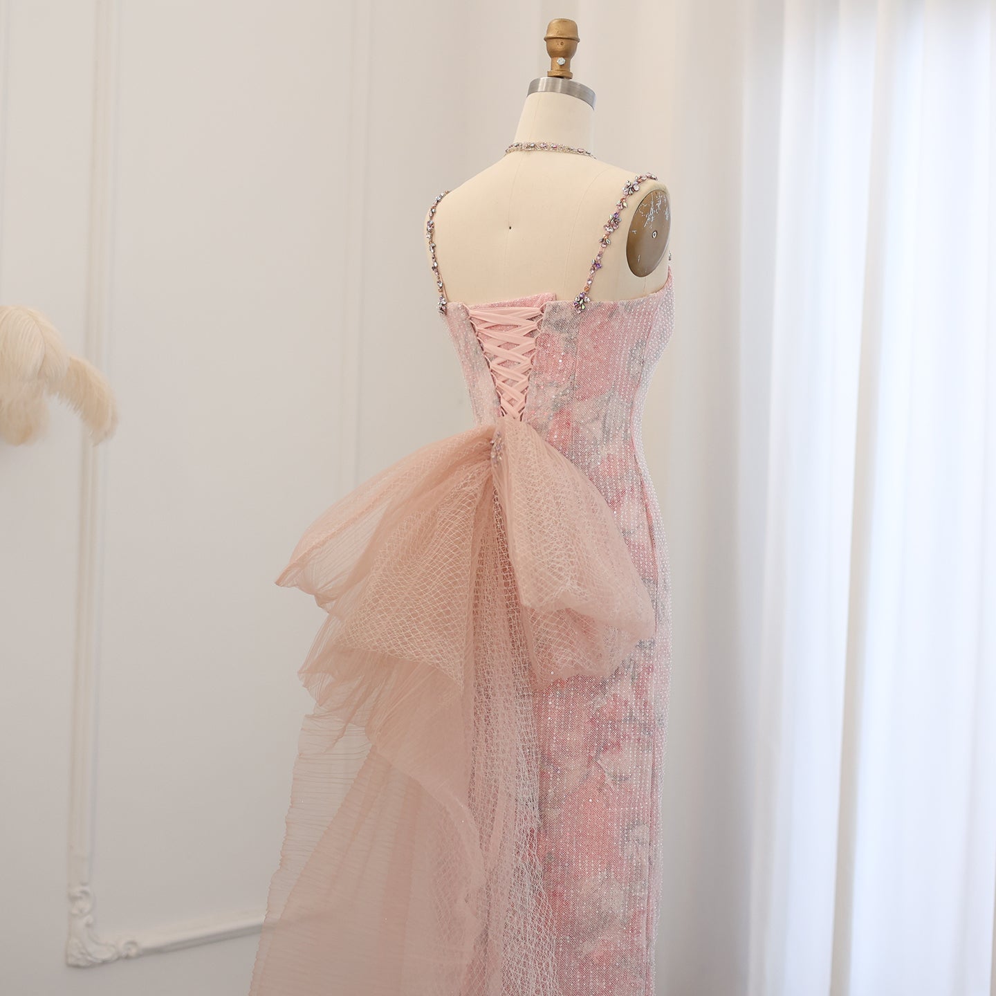 Elegant Crystal Pink Spaghetti Evening Dress with Necklace SS716