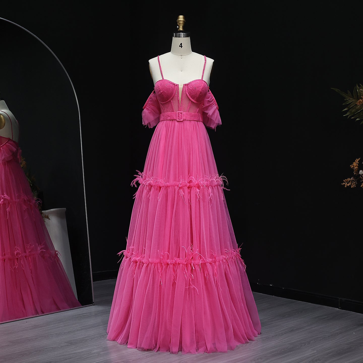 Chic Fuchsia Off-Shoulder Tulle Prom Dress with Belt Layered Feathers Evening Party Gowns