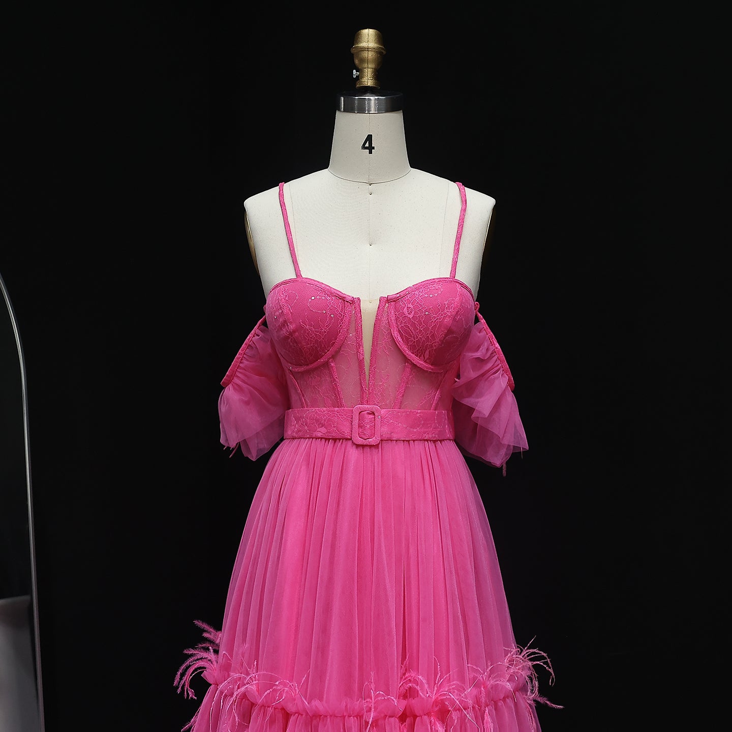 Chic Fuchsia Off-Shoulder Tulle Prom Dress with Belt Layered Feathers Evening Party Gowns