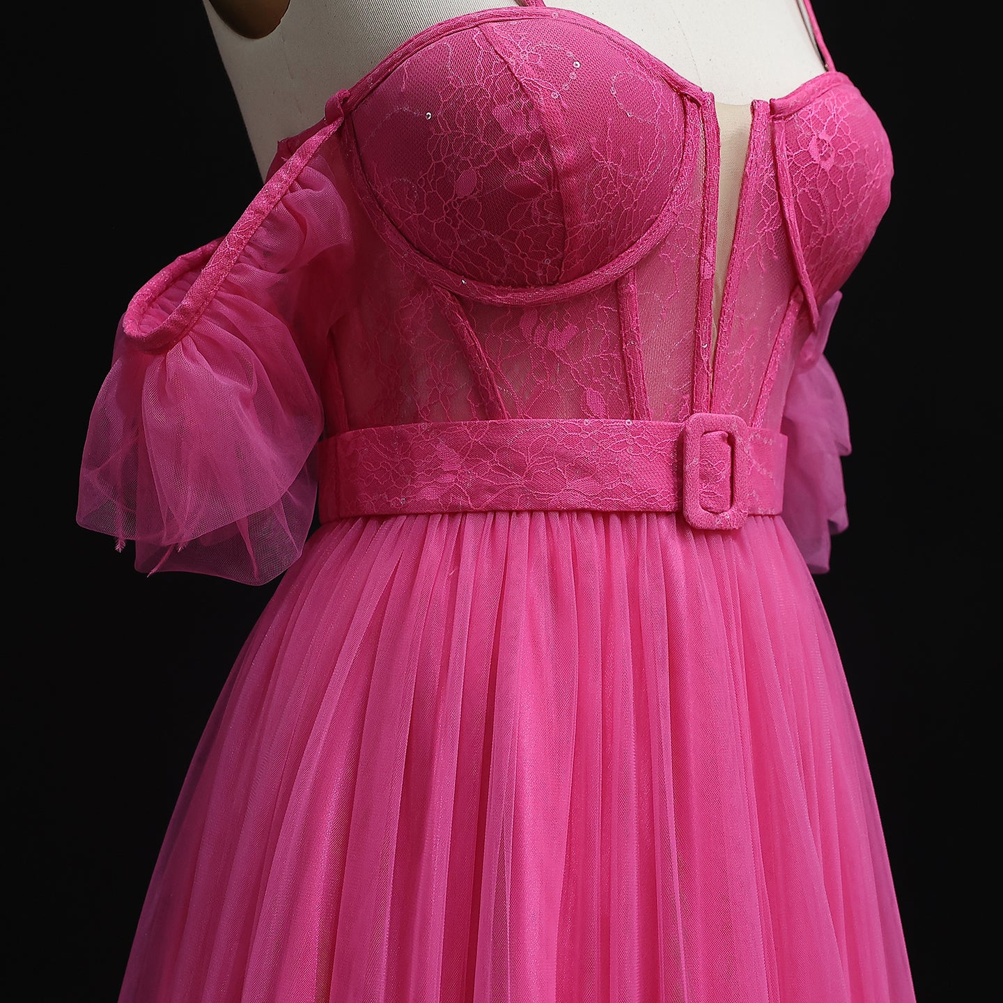 Chic Fuchsia Off-Shoulder Tulle Prom Dress with Belt Layered Feathers Evening Party Gowns