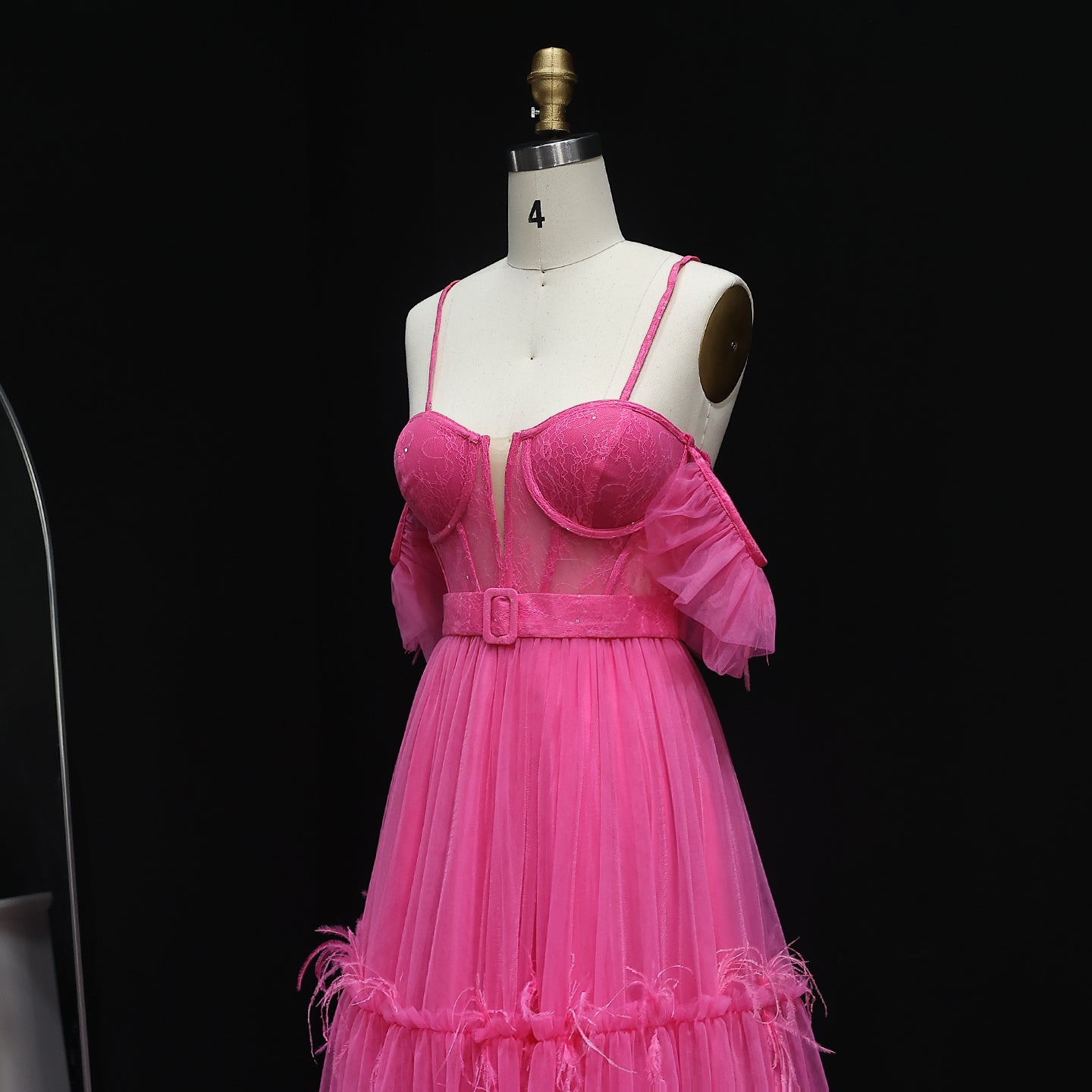 Chic Fuchsia Off-Shoulder Tulle Prom Dress with Belt Layered Feathers Evening Party Gowns