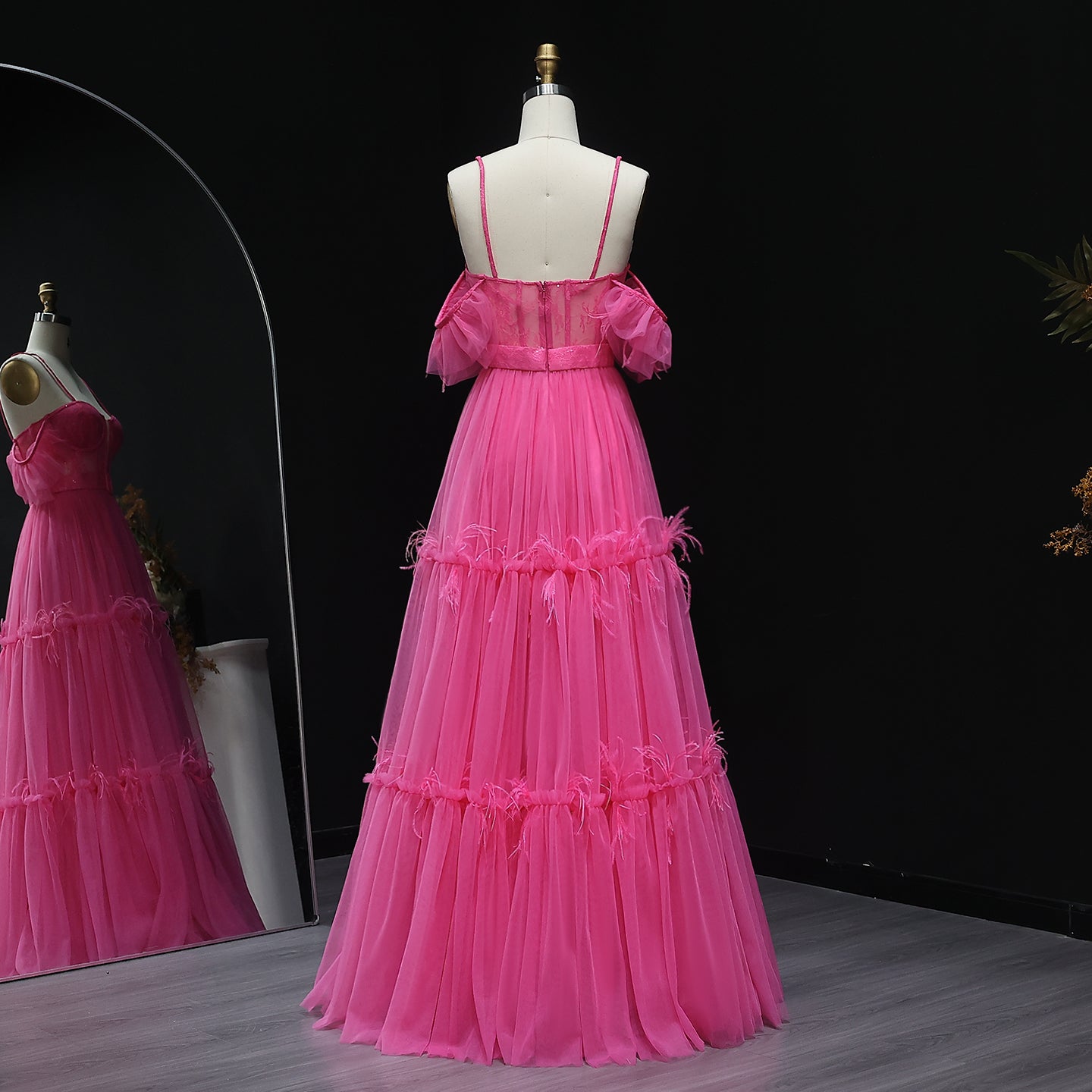 Chic Fuchsia Off-Shoulder Tulle Prom Dress with Belt Layered Feathers Evening Party Gowns