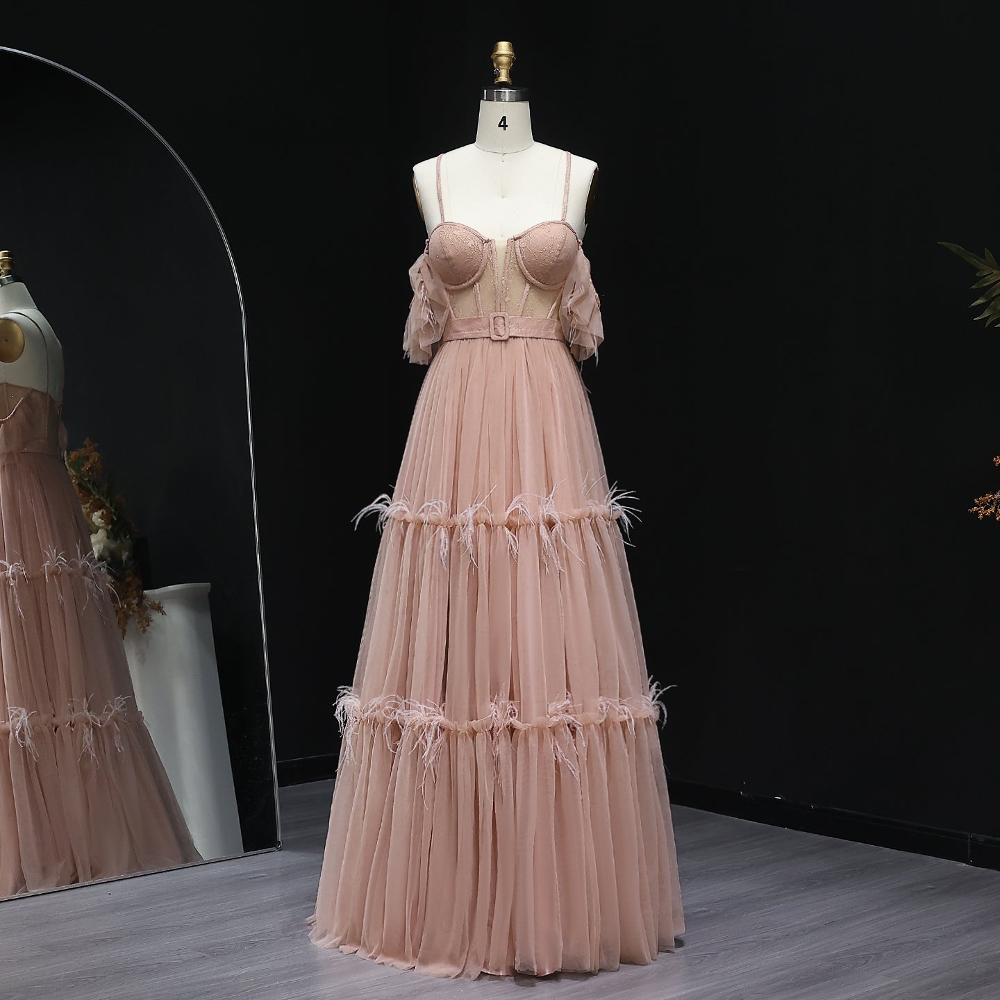 Chic Fuchsia Off-Shoulder Tulle Prom Dress with Belt Layered Feathers Evening Party Gowns