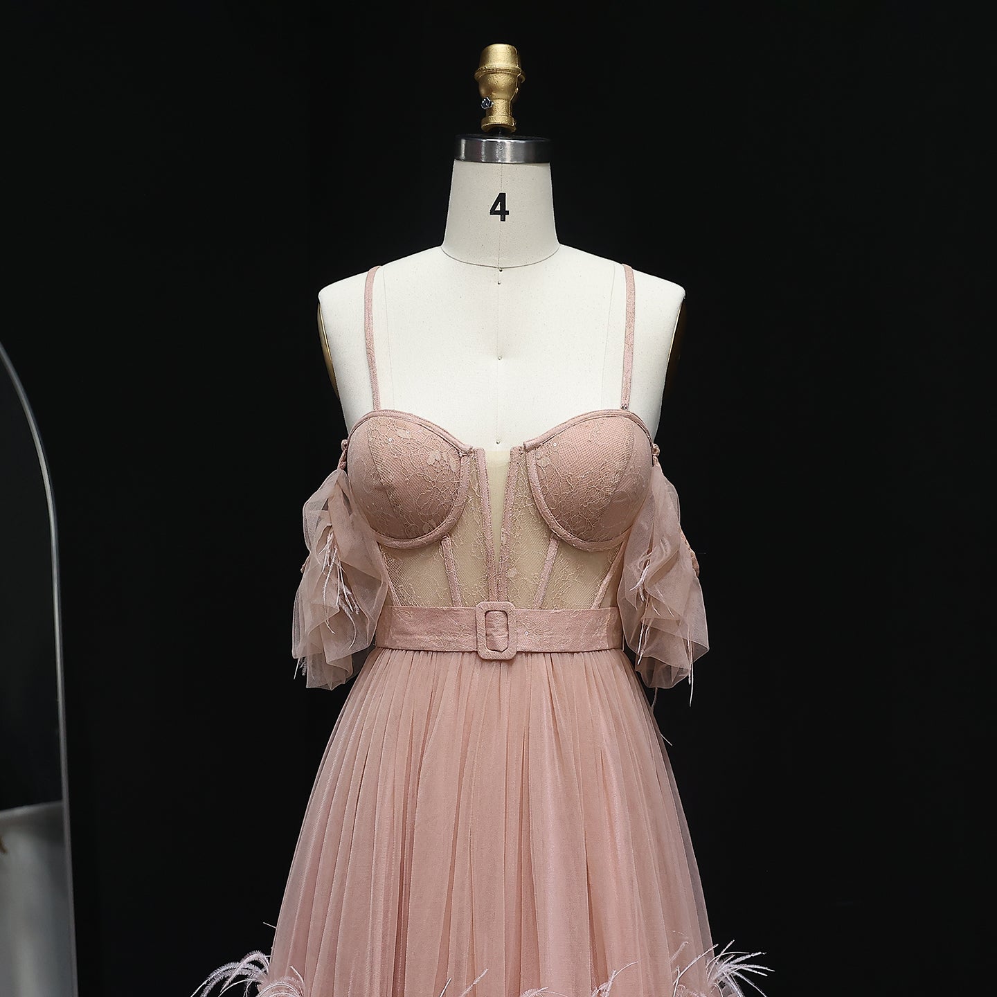 Chic Fuchsia Off-Shoulder Tulle Prom Dress with Belt Layered Feathers Evening Party Gowns
