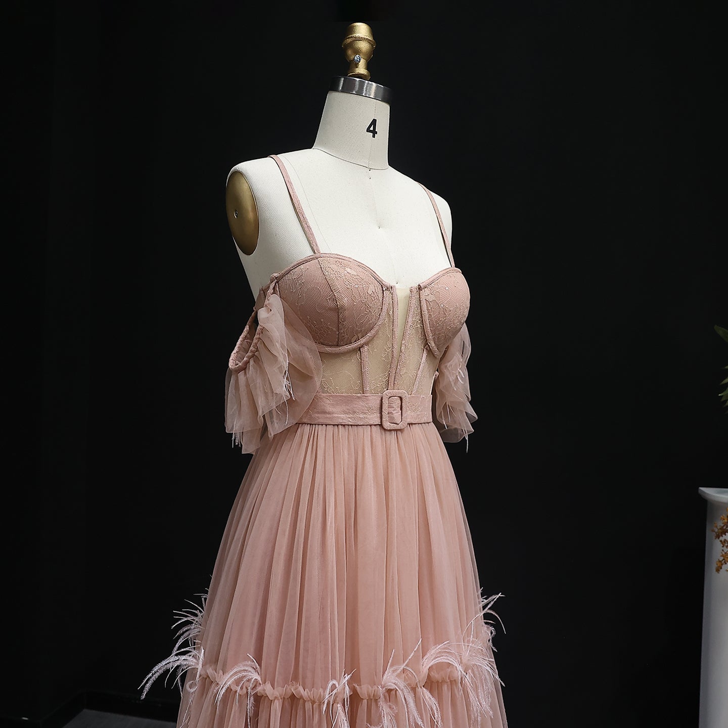 Chic Fuchsia Off-Shoulder Tulle Prom Dress with Belt Layered Feathers Evening Party Gowns
