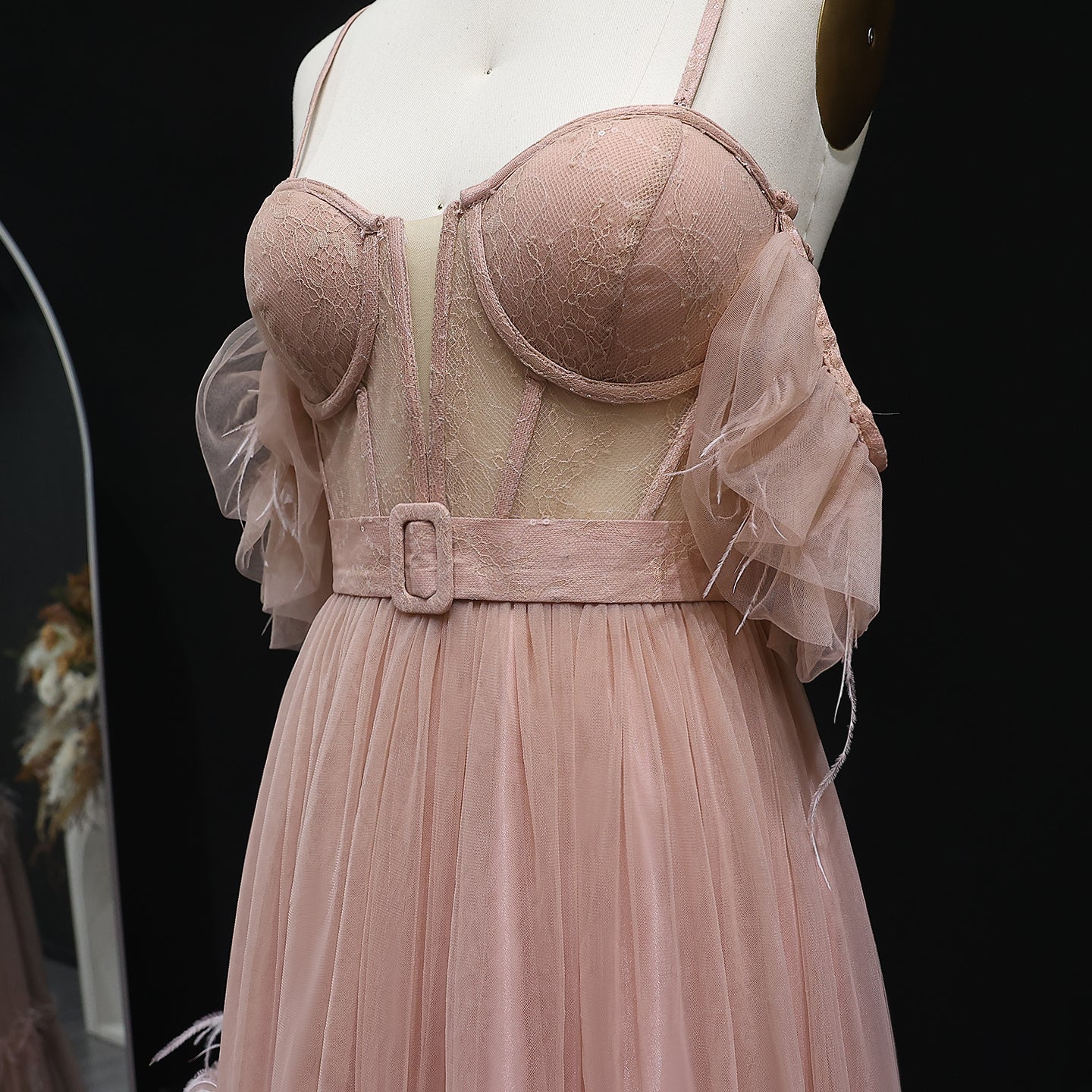 Chic Fuchsia Off-Shoulder Tulle Prom Dress with Belt Layered Feathers Evening Party Gowns