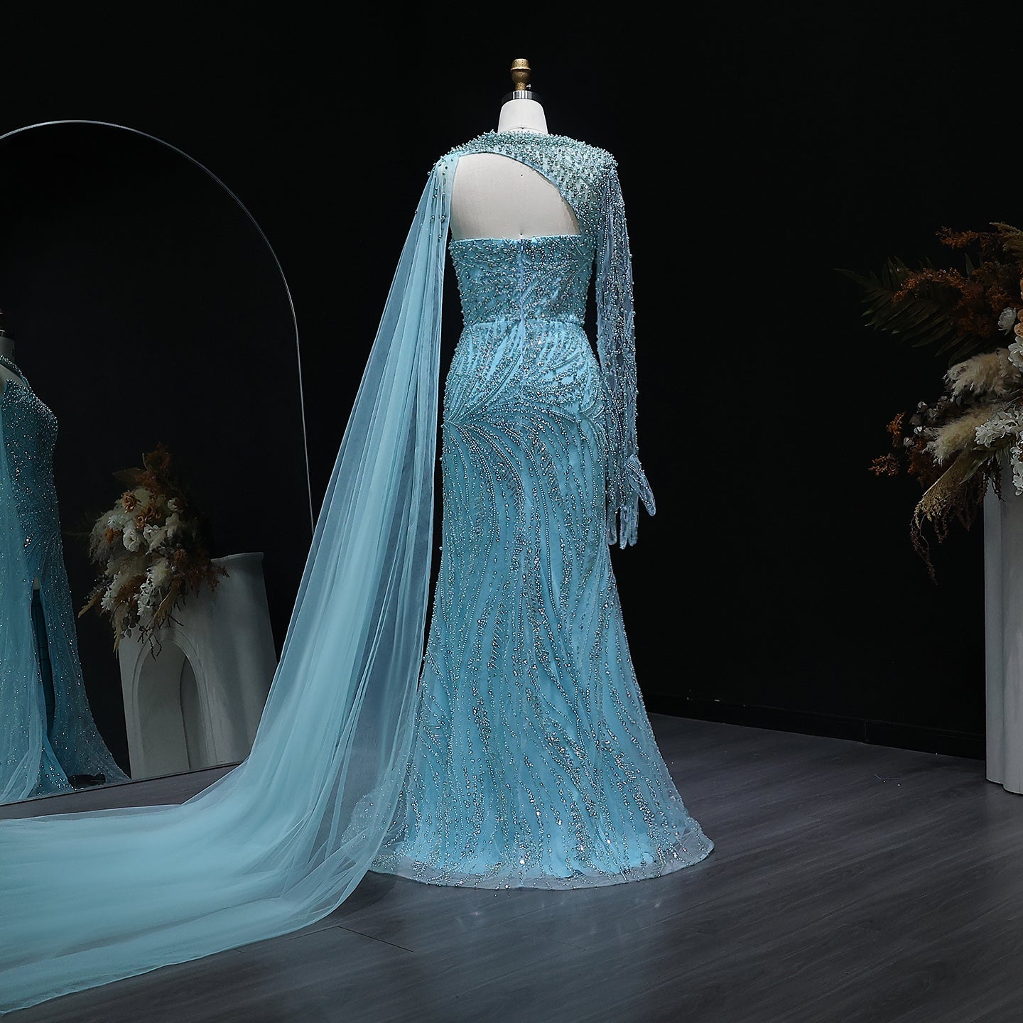 Luxury Turquoise Pearls Evening Dress with Cape Sleeves SS705