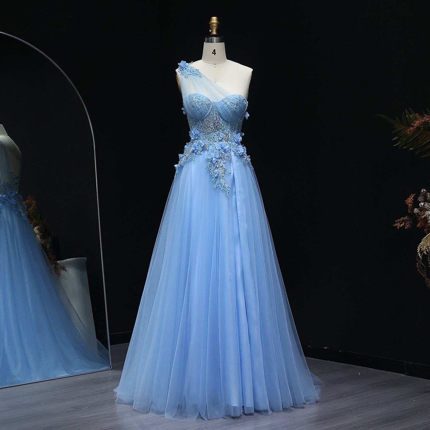 Elegant Lilac Tulle Evening Gown with Floral One Shoulder Sweetheart Sage Green Party Prom Dresses