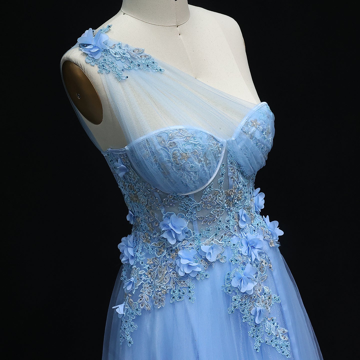 Elegant Lilac Tulle Evening Gown with Floral One Shoulder Sweetheart Sage Green Party Prom Dresses