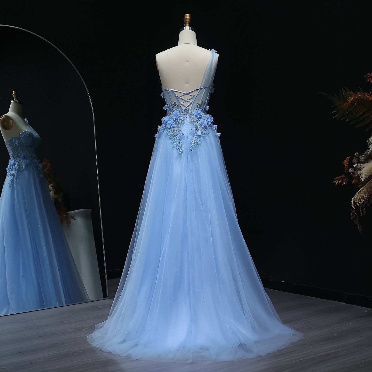 Elegant Lilac Tulle Evening Gown with Floral One Shoulder Sweetheart Sage Green Party Prom Dresses