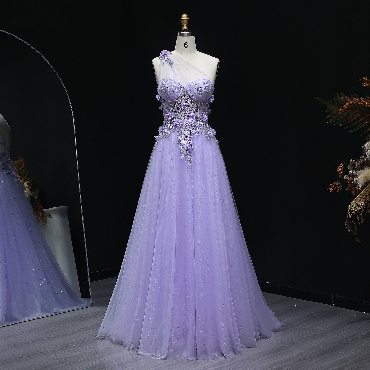 Elegant Lilac Tulle Evening Gown with Floral One Shoulder Sweetheart Sage Green Party Prom Dresses