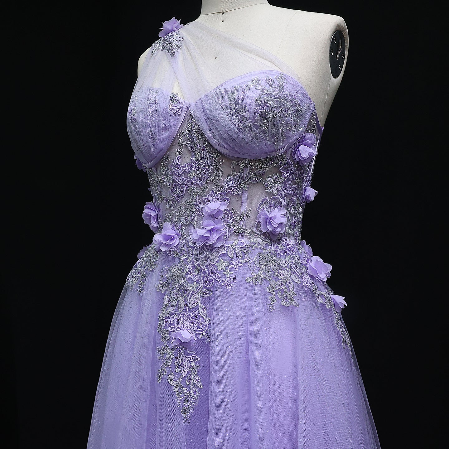 Elegant Lilac Tulle Evening Gown with Floral One Shoulder Sweetheart Sage Green Party Prom Dresses