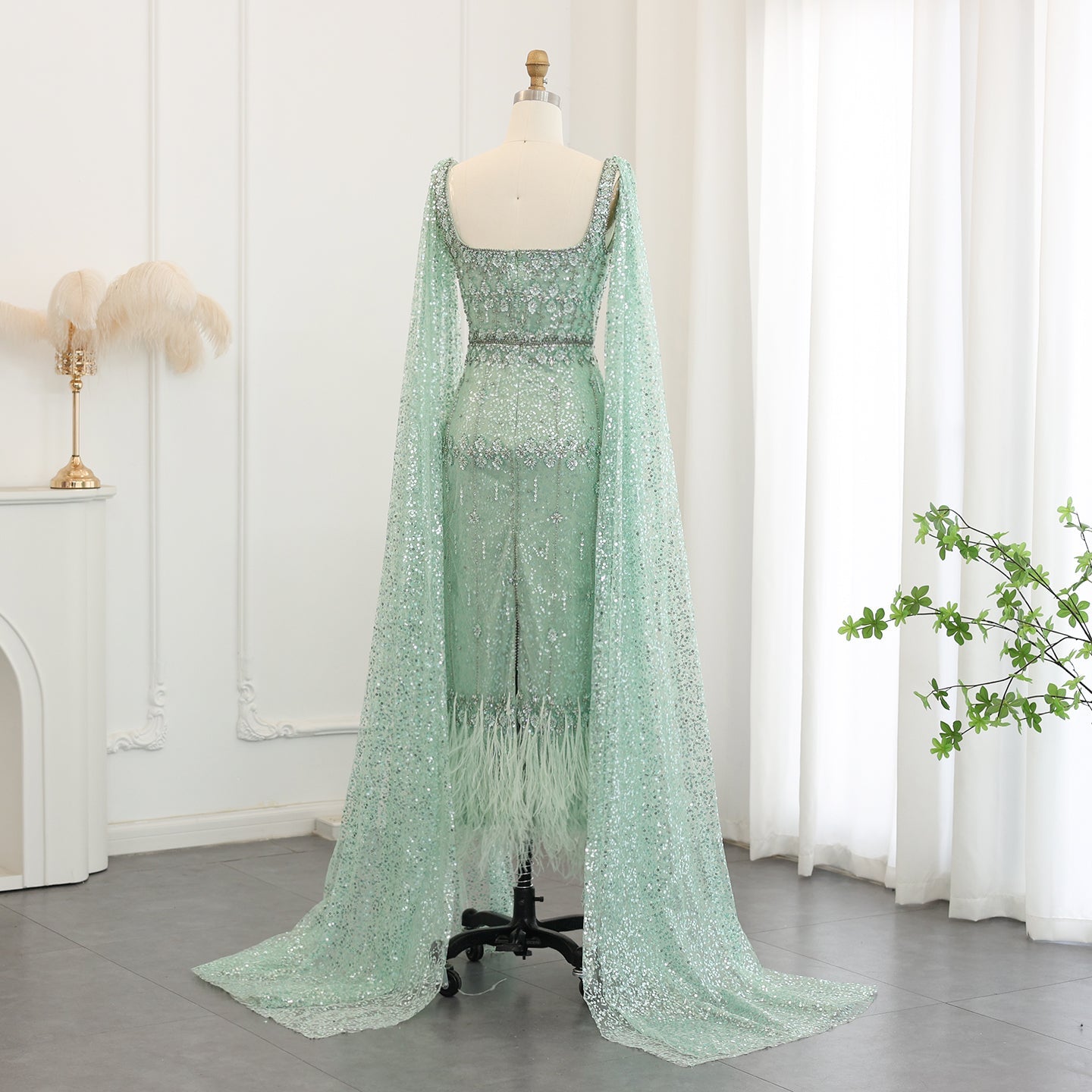 Luxury Gray Feather Straight Evening Dress with Cape Sleeves SS279
