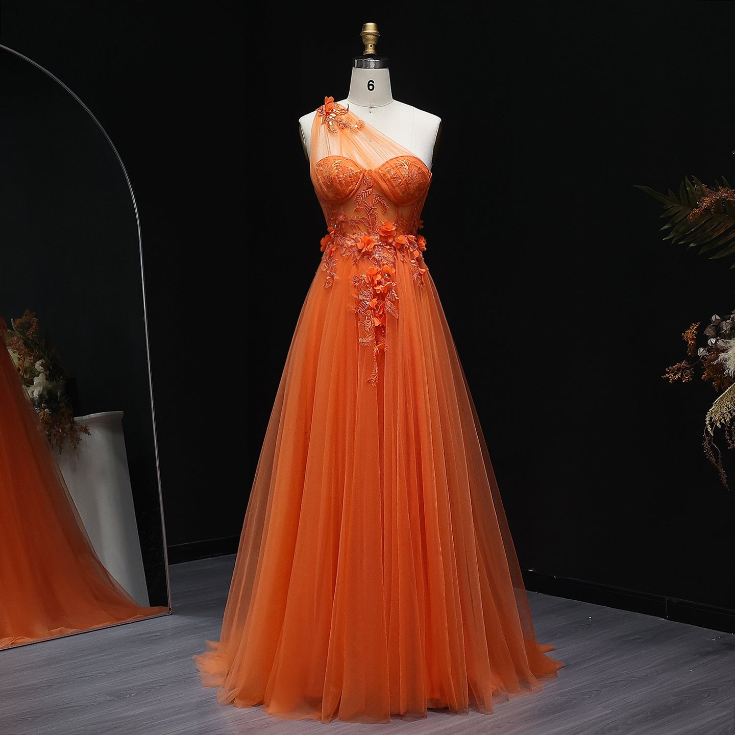 Elegant Lilac Tulle Evening Gown with Floral One Shoulder Sweetheart Sage Green Party Prom Dresses