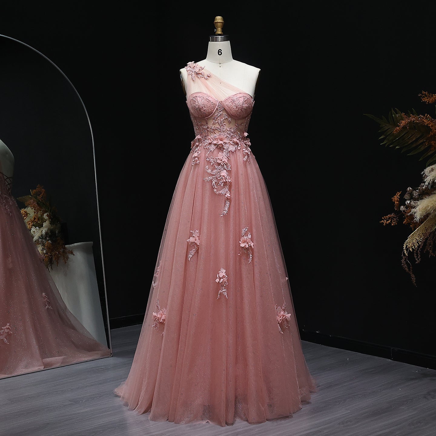 Elegant Lilac Tulle Evening Gown with Floral One Shoulder Sweetheart Sage Green Party Prom Dresses