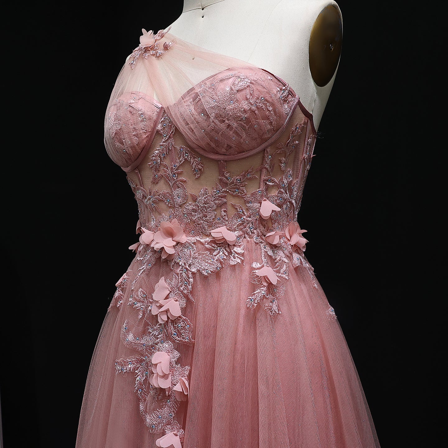 Elegant Lilac Tulle Evening Gown with Floral One Shoulder Sweetheart Sage Green Party Prom Dresses