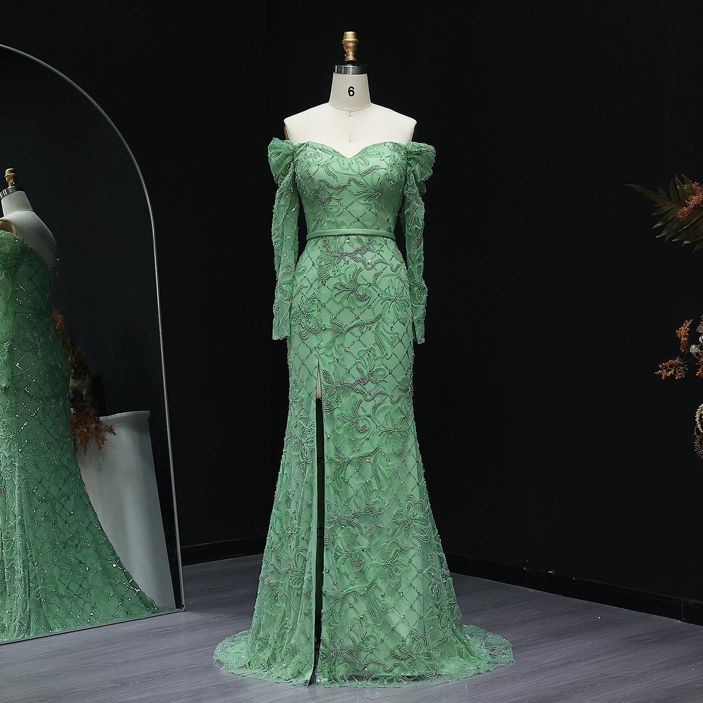 Elegant Off Shoulder Mermaid Green Prom Dresses with Long Sleeve Slit Floral Evening Party Gowns