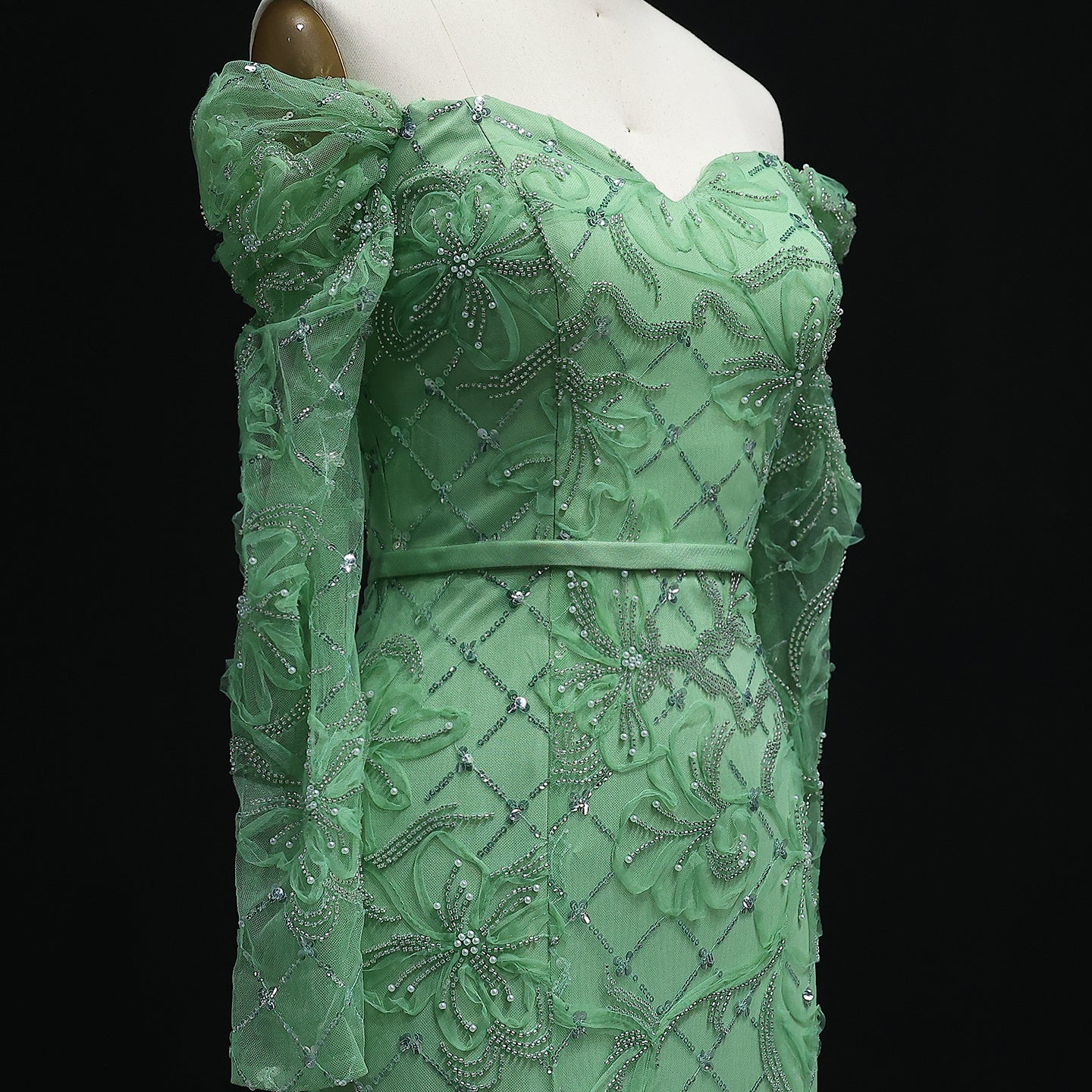 Elegant Off Shoulder Mermaid Green Prom Dresses with Long Sleeve Slit Floral Evening Party Gowns