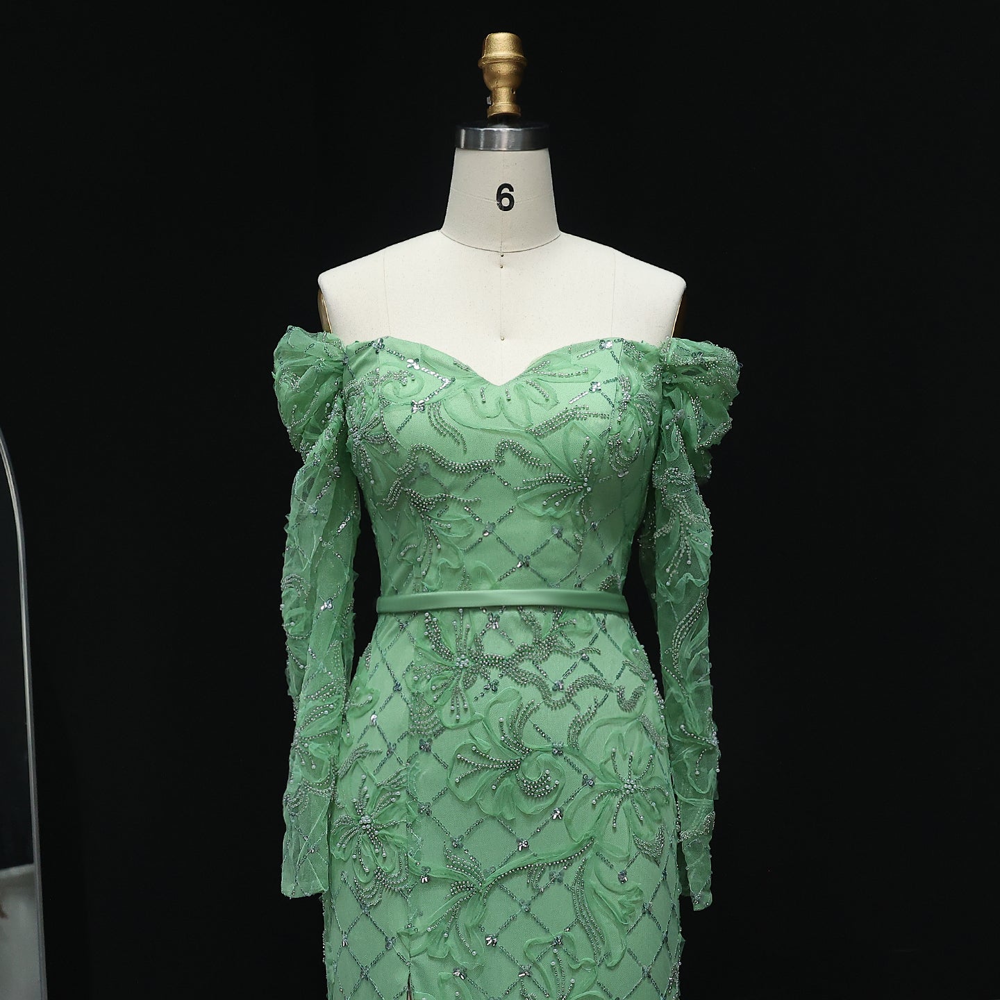 Elegant Off Shoulder Mermaid Green Prom Dresses with Long Sleeve Slit Floral Evening Party Gowns