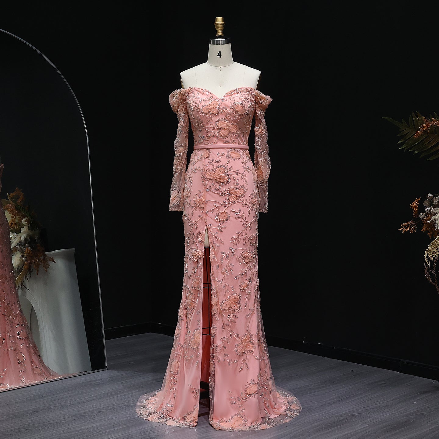 Elegant Off Shoulder Mermaid Green Prom Dresses with Long Sleeve Slit Floral Evening Party Gowns
