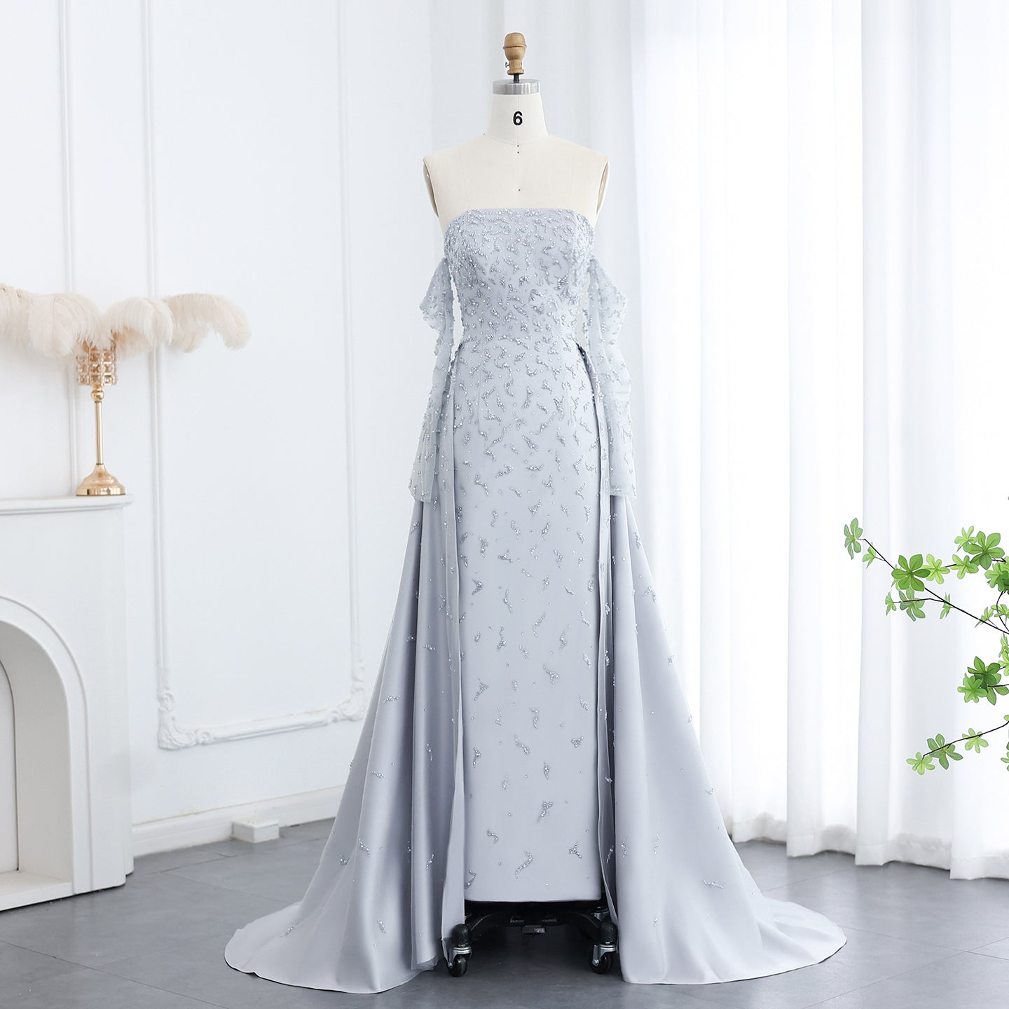 Luxury Silver Gray Evening Dress with Overskirt Sleeves SS484