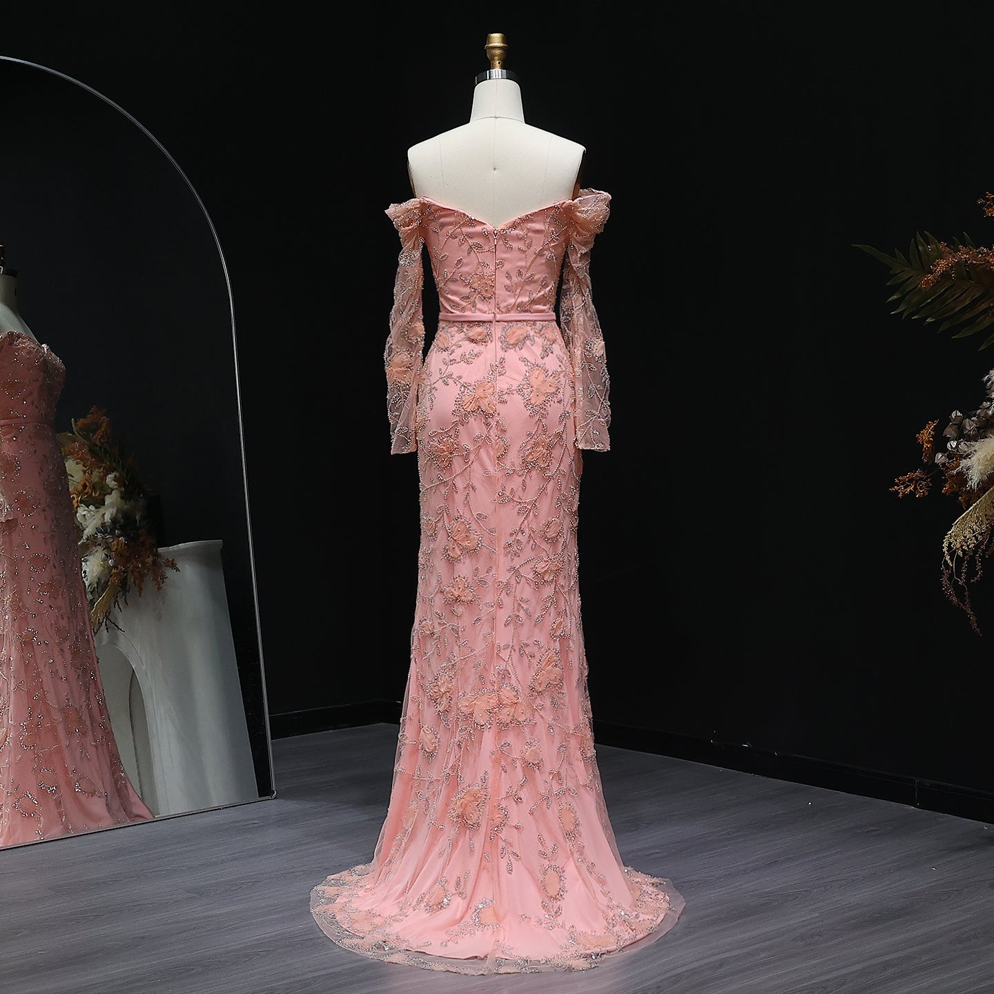 Elegant Off Shoulder Mermaid Green Prom Dresses with Long Sleeve Slit Floral Evening Party Gowns