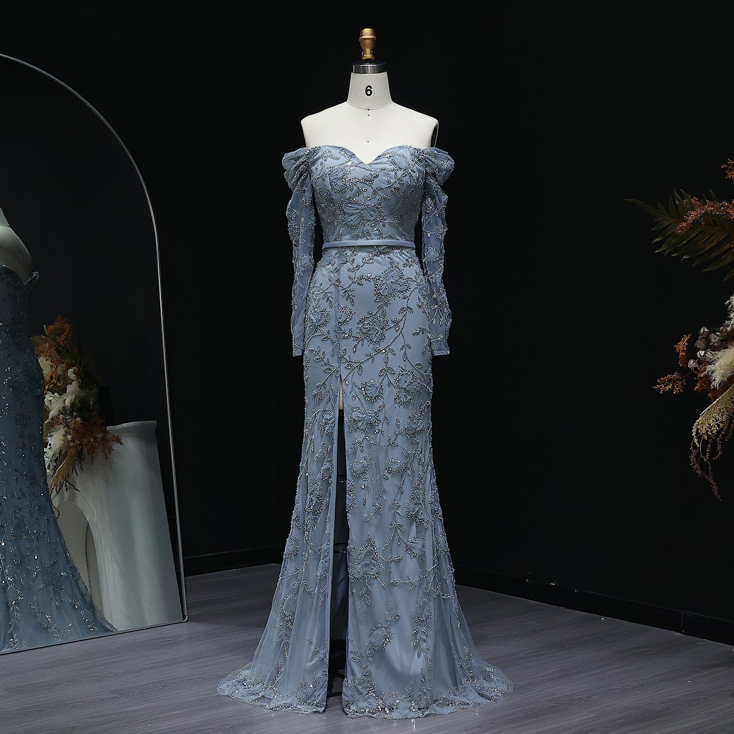 Elegant Off Shoulder Mermaid Green Prom Dresses with Long Sleeve Slit Floral Evening Party Gowns