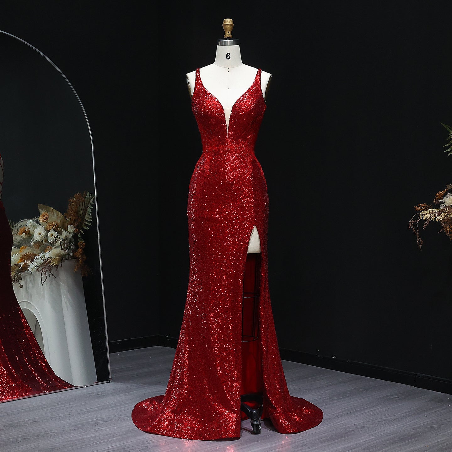 Sparkle Sequined Wine Red Mermaid Prom Dresses 2025 Sexy V-Neck Side Slit Evening Party Gowns