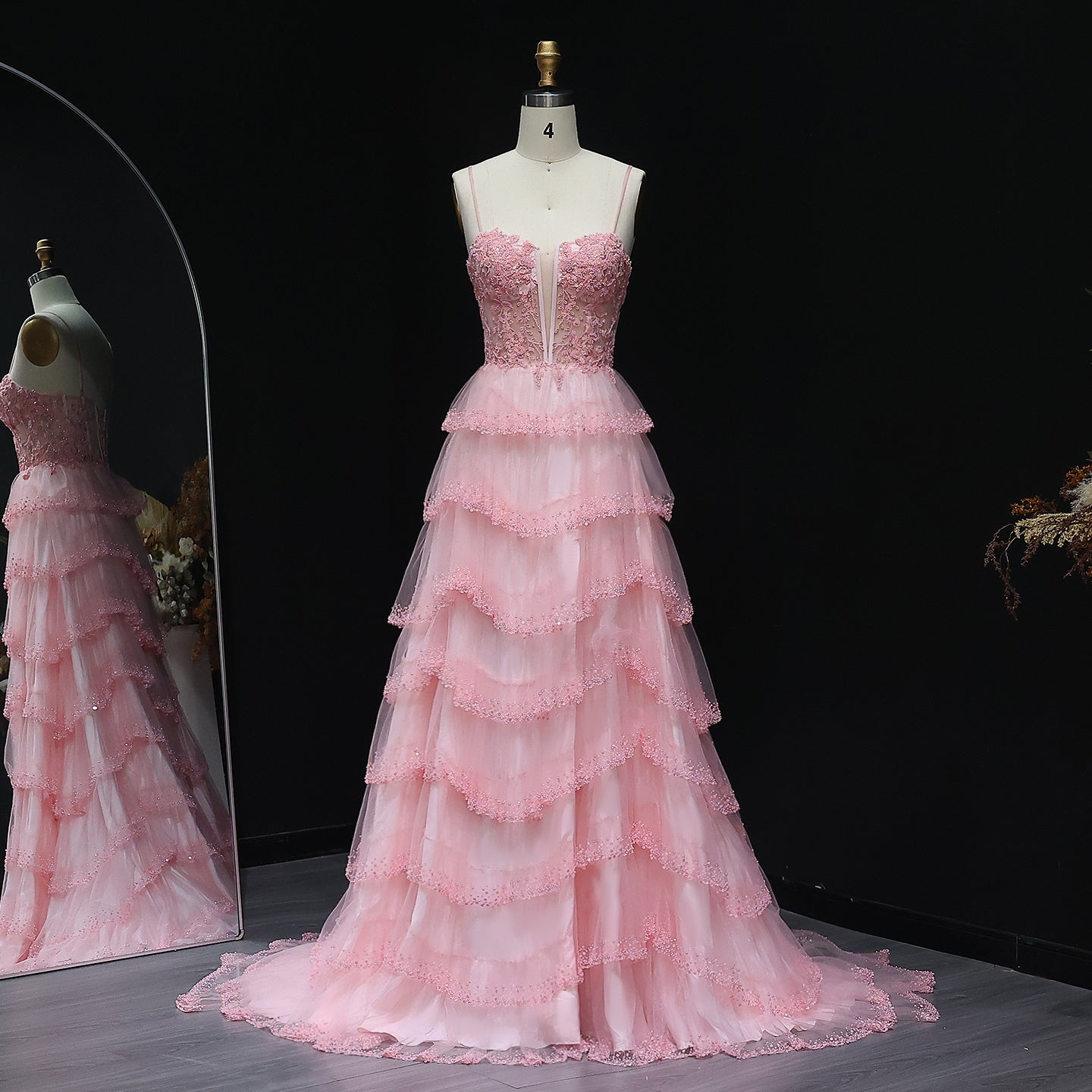 Elegant Pink Ruffled Tulle Prom Dress 2025 Spaghetti Straps Evening Birthday Party Gowns