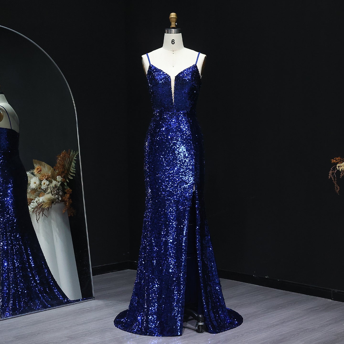 Sparkle Sequined Blue Mermaid Prom Dresses with Spaghetti Straps Slit Long Graduation Party Gowns
