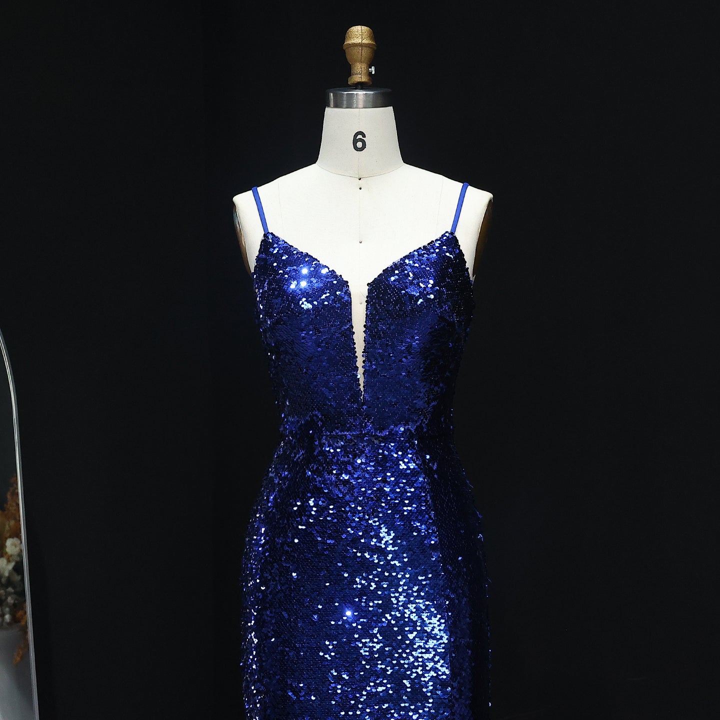 Sparkle Sequined Blue Mermaid Prom Dresses with Spaghetti Straps Slit Long Graduation Party Gowns
