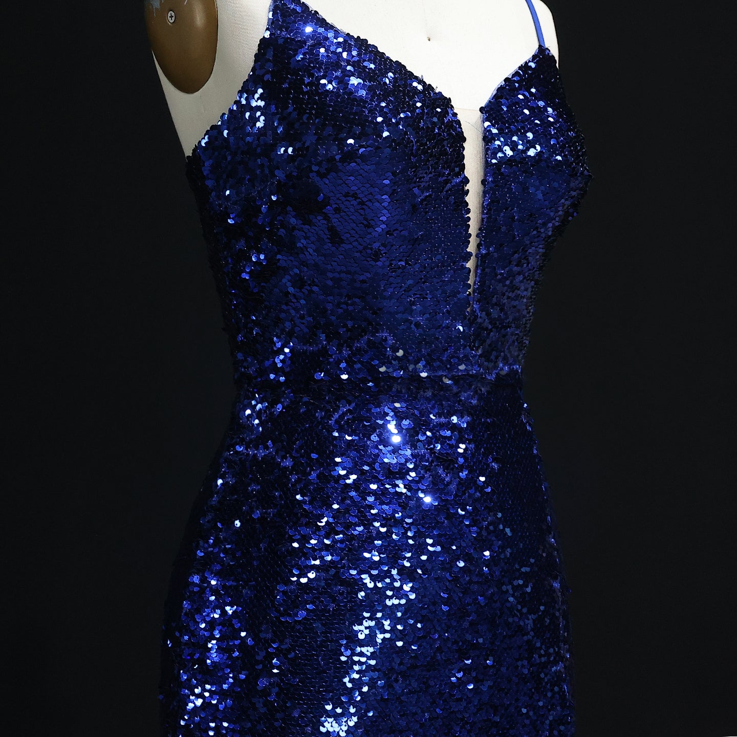 Sparkle Sequined Blue Mermaid Prom Dresses with Spaghetti Straps Slit Long Graduation Party Gowns