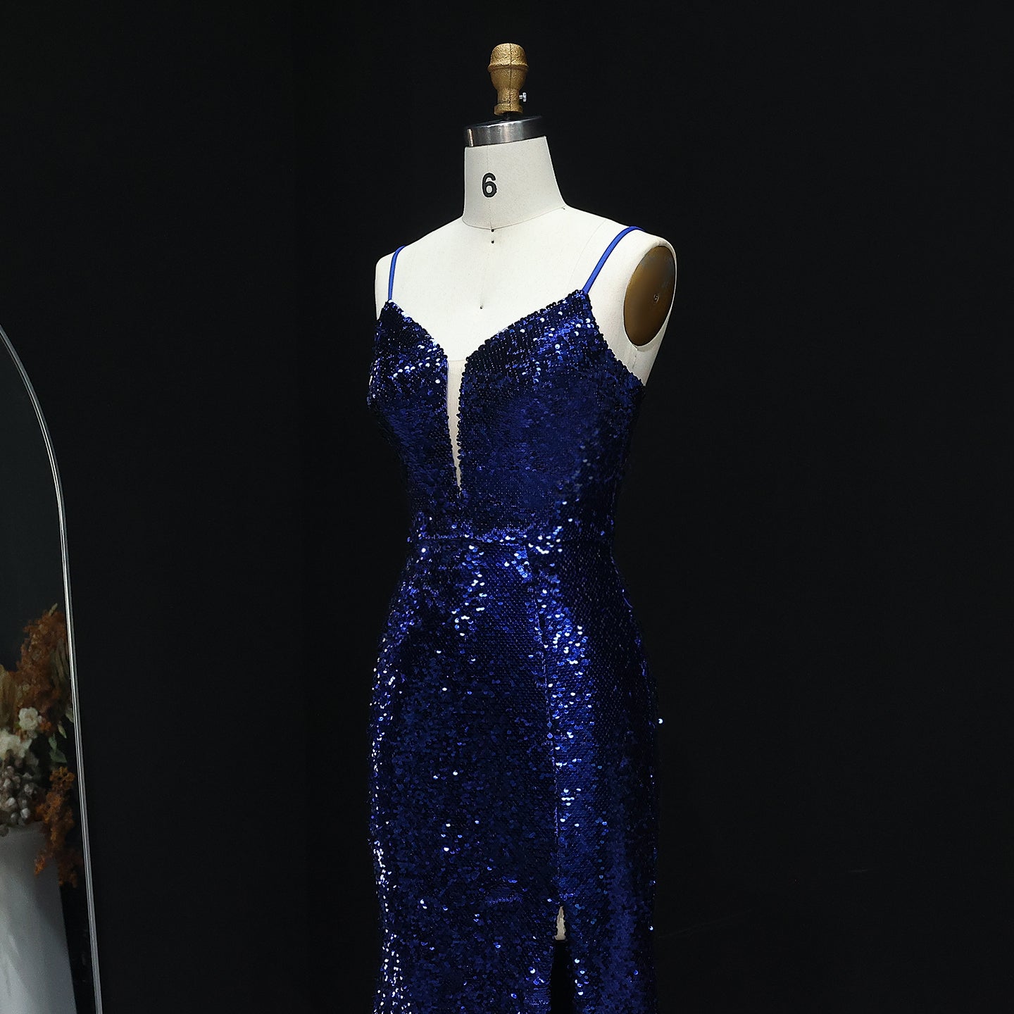 Sparkle Sequined Blue Mermaid Prom Dresses with Spaghetti Straps Slit Long Graduation Party Gowns