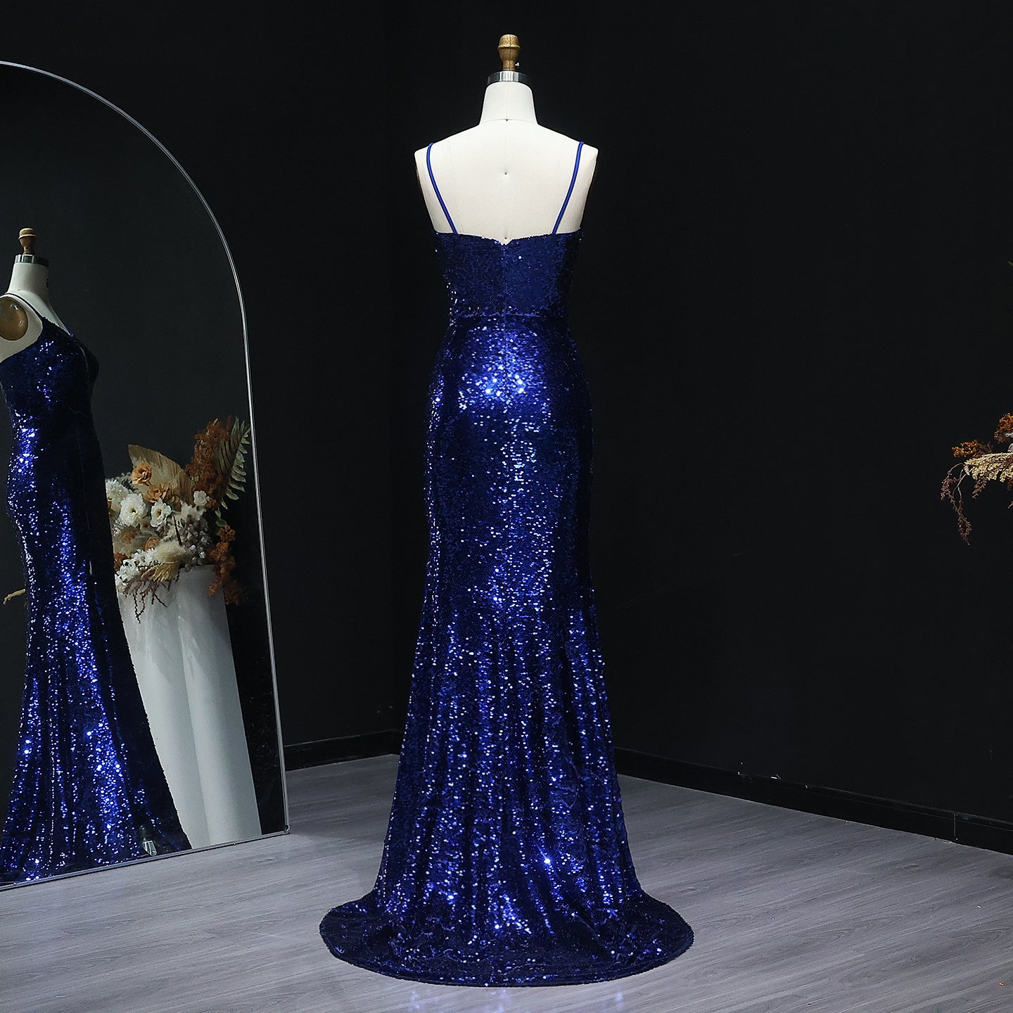 Sparkle Sequined Blue Mermaid Prom Dresses with Spaghetti Straps Slit Long Graduation Party Gowns