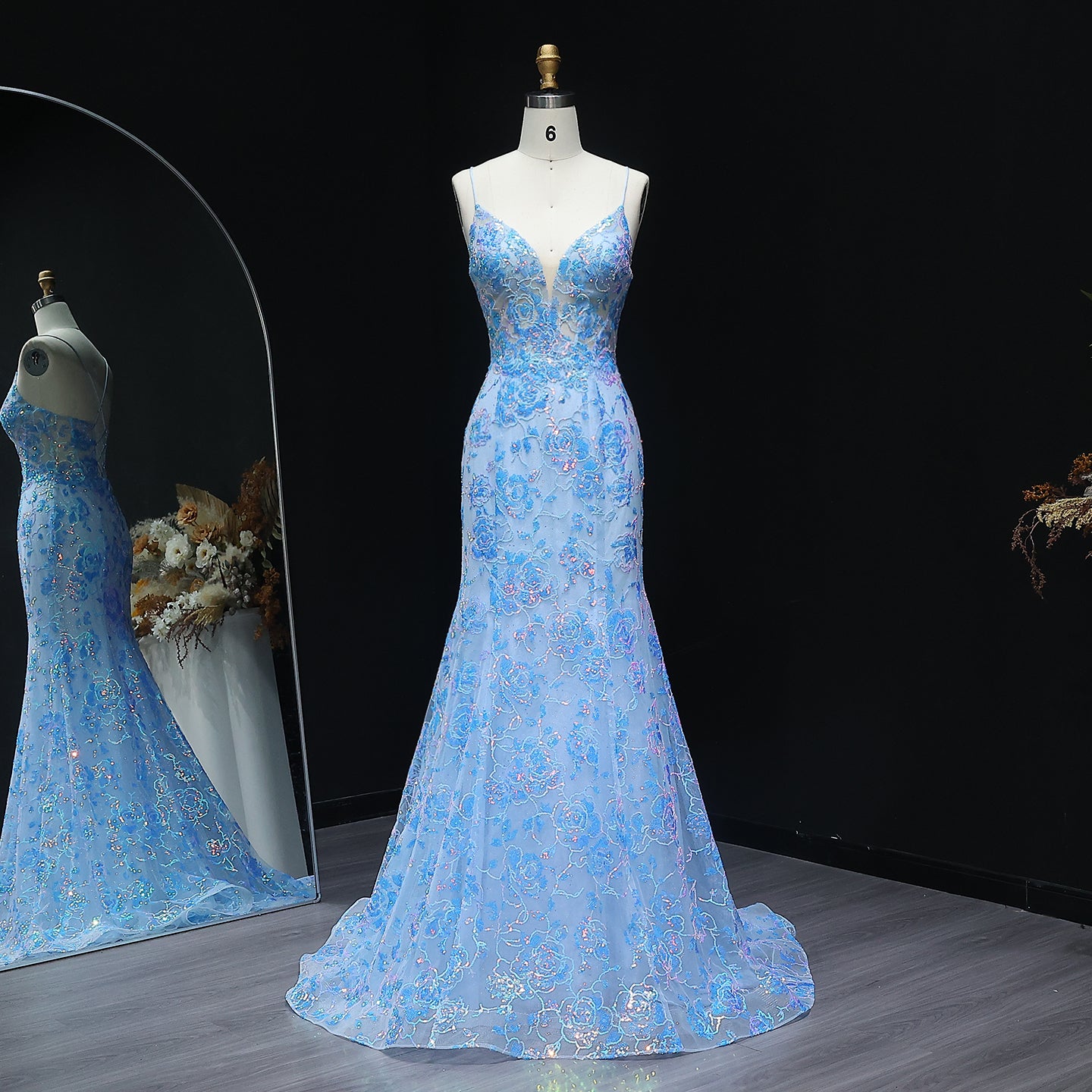 Sparkly Blue 3D Flowers Lace-up Spaghetti Strap Sequined Mermaid Prom Dresses for Girls Floor Length