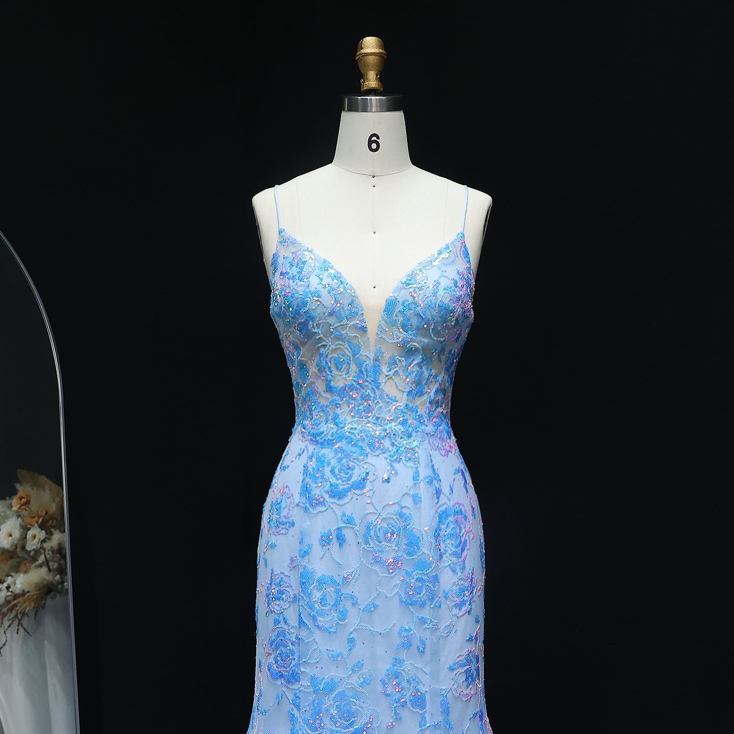 Sparkly Blue 3D Flowers Lace-up Spaghetti Strap Sequined Mermaid Prom Dresses for Girls Floor Length