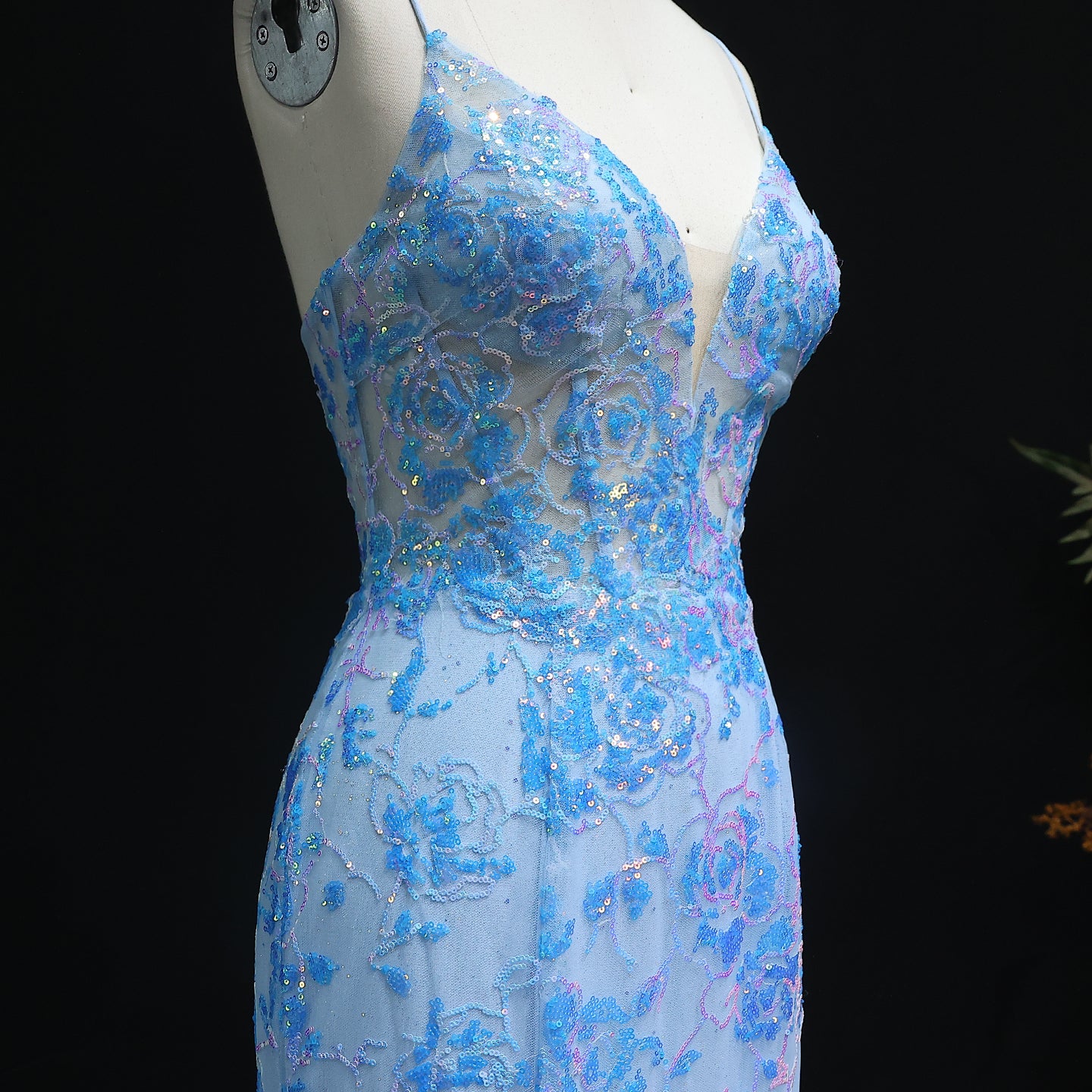 Sparkly Blue 3D Flowers Lace-up Spaghetti Strap Sequined Mermaid Prom Dresses for Girls Floor Length