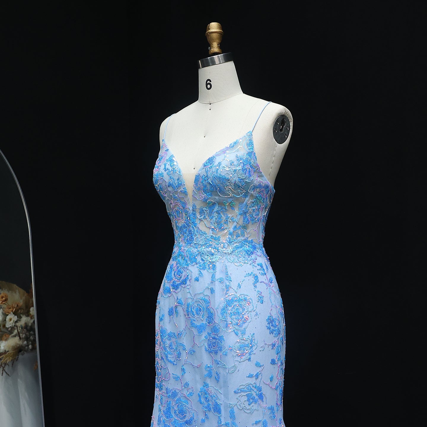 Sparkly Blue 3D Flowers Lace-up Spaghetti Strap Sequined Mermaid Prom Dresses for Girls Floor Length