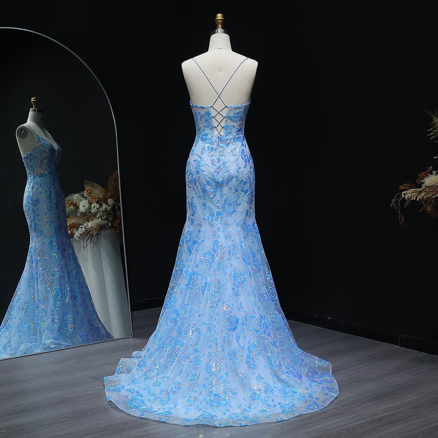 Sparkly Blue 3D Flowers Lace-up Spaghetti Strap Sequined Mermaid Prom Dresses for Girls Floor Length